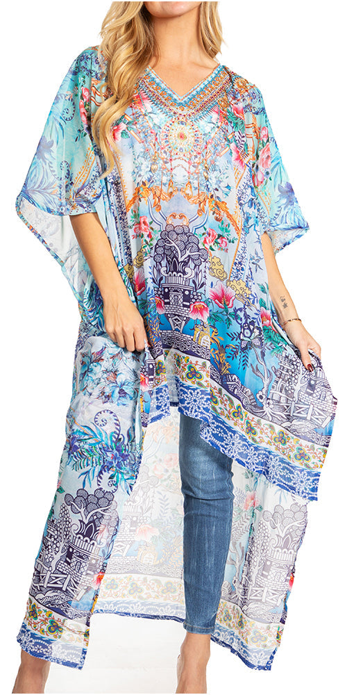 Woman wearing a colorful patterned kimono-style garment on a white background