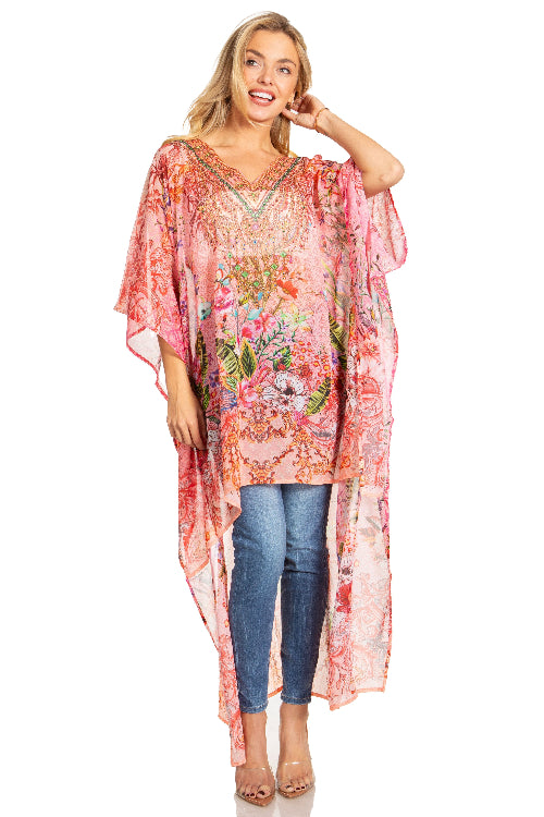 Woman wearing a floral kimono-style garment on a white background