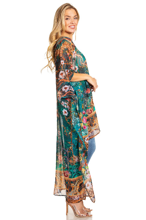 Woman wearing a floral kimono-style garment on a white background