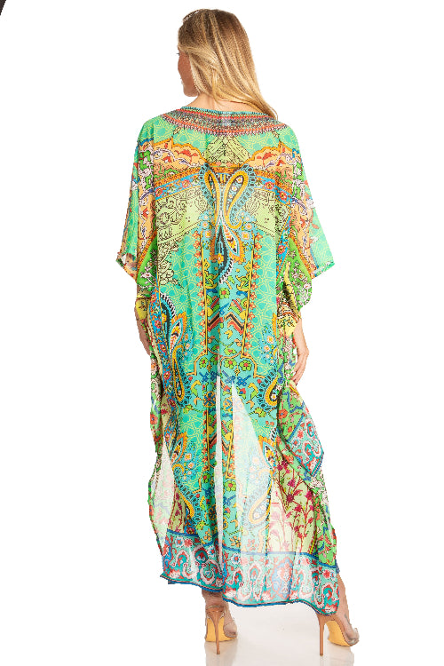 Woman wearing a colorful patterned dress on a white background