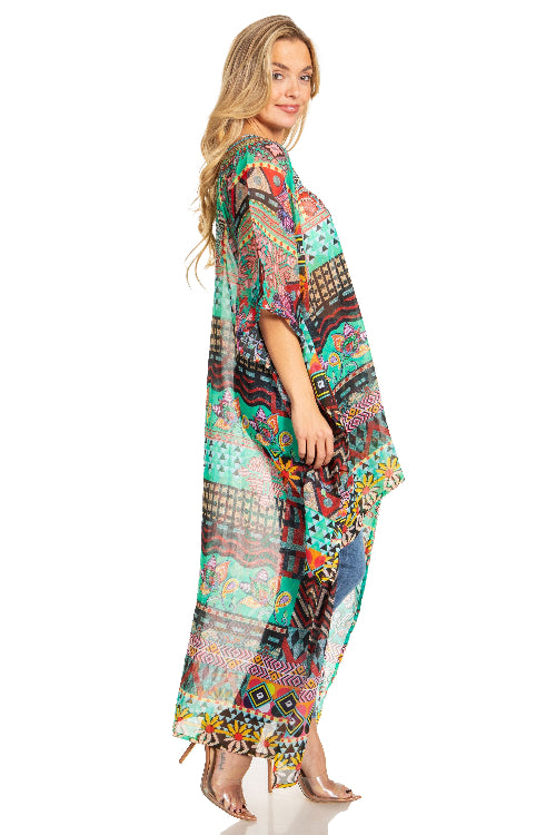 Woman wearing a colorful patterned dress on a white background