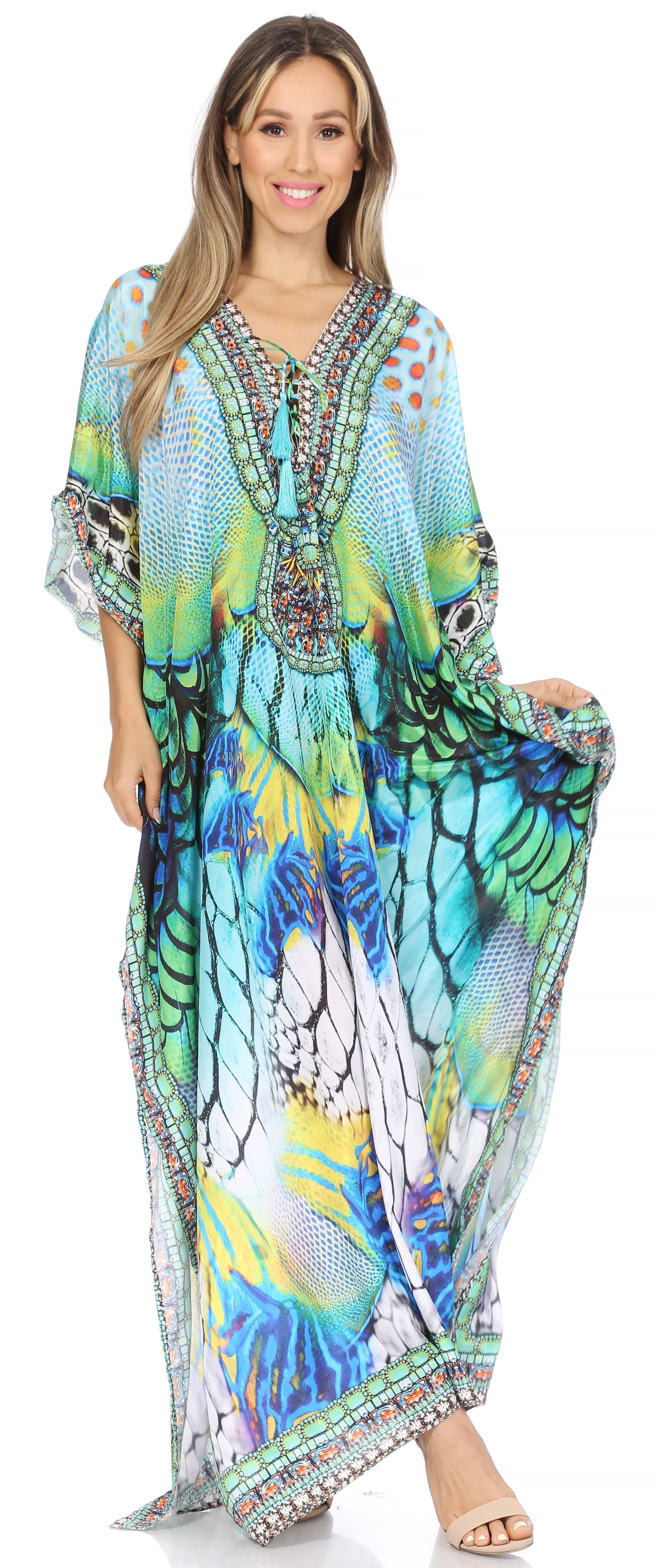 Sakkas Georgettina Flowy Rhinestone V Neck Long Caftan