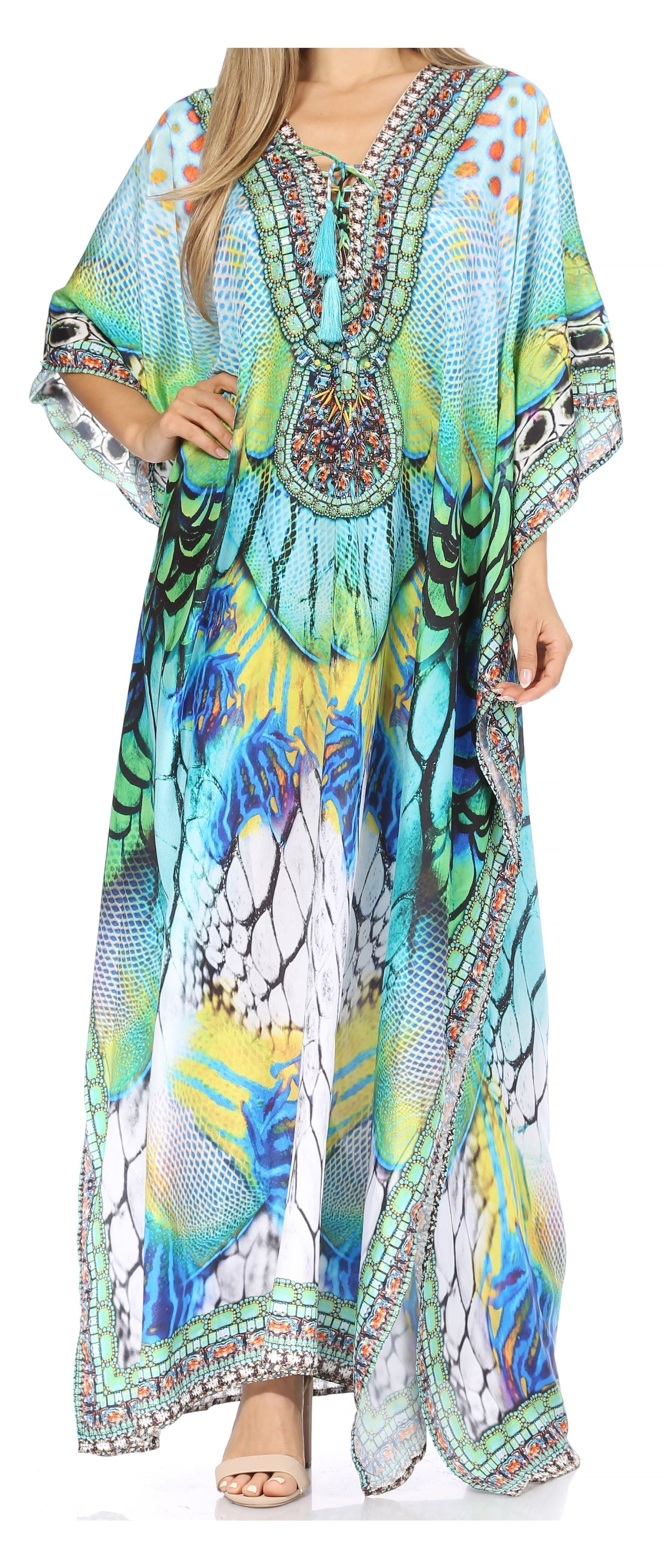 Sakkas Georgettina Flowy Rhinestone V Neck Long Caftan