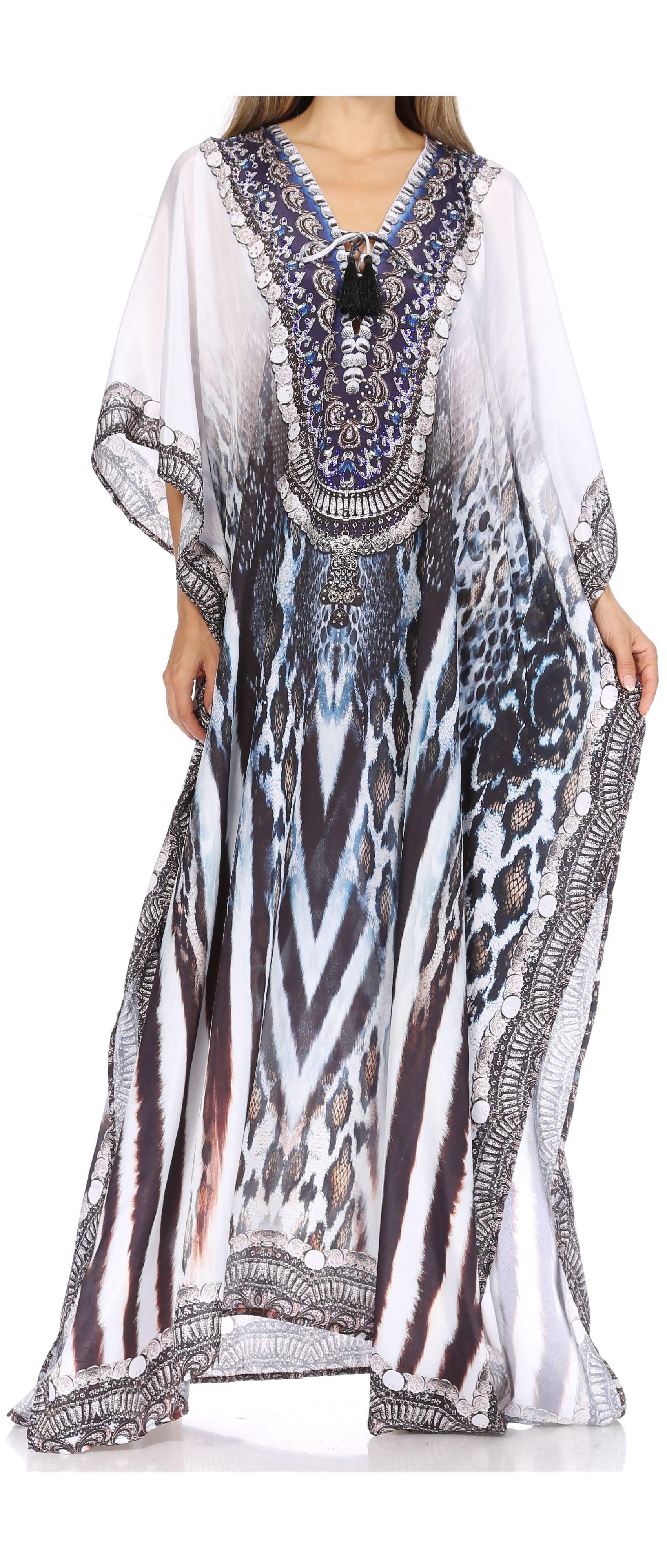 Sakkas Georgettina Flowy Rhinestone V Neck Long Caftan