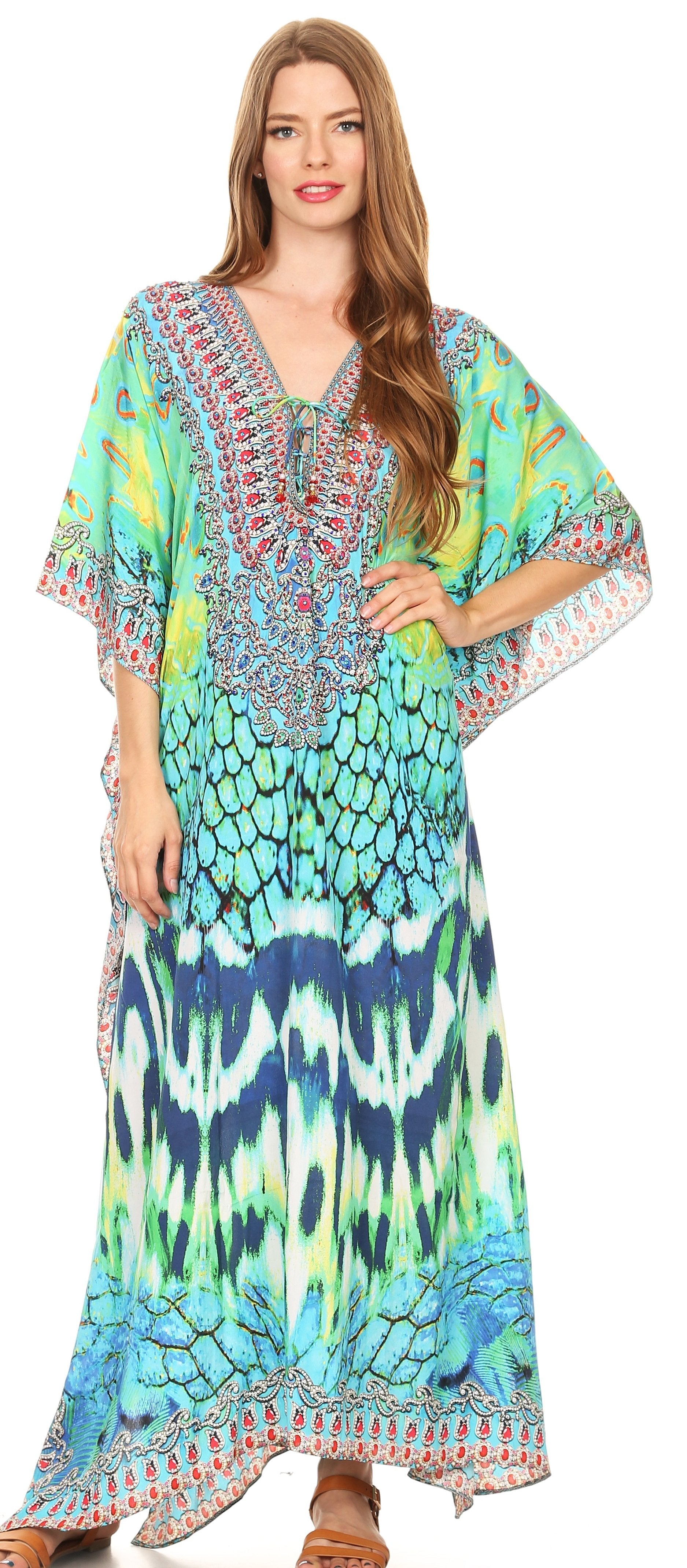 Sakkas Georgettina Flowy Rhinestone V Neck Long Caftan