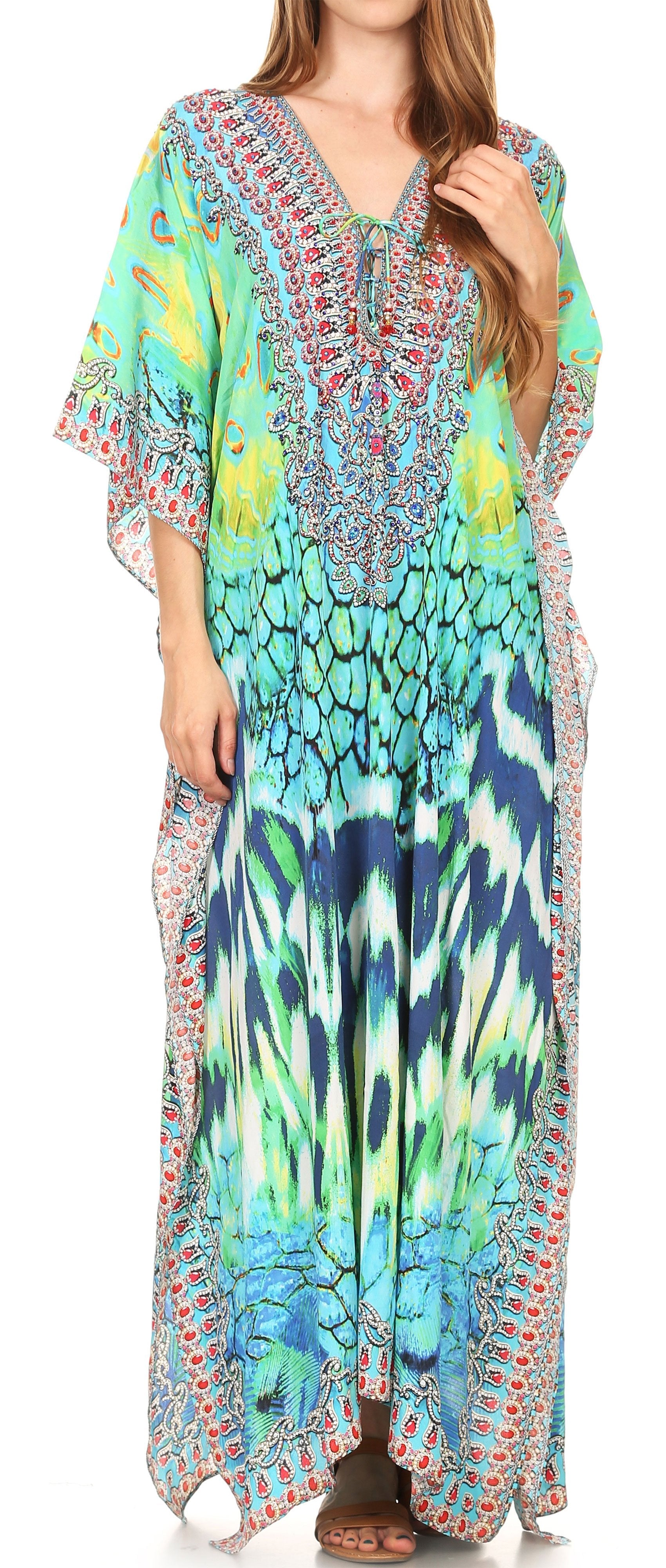 Sakkas Georgettina Flowy Rhinestone V Neck Long Caftan