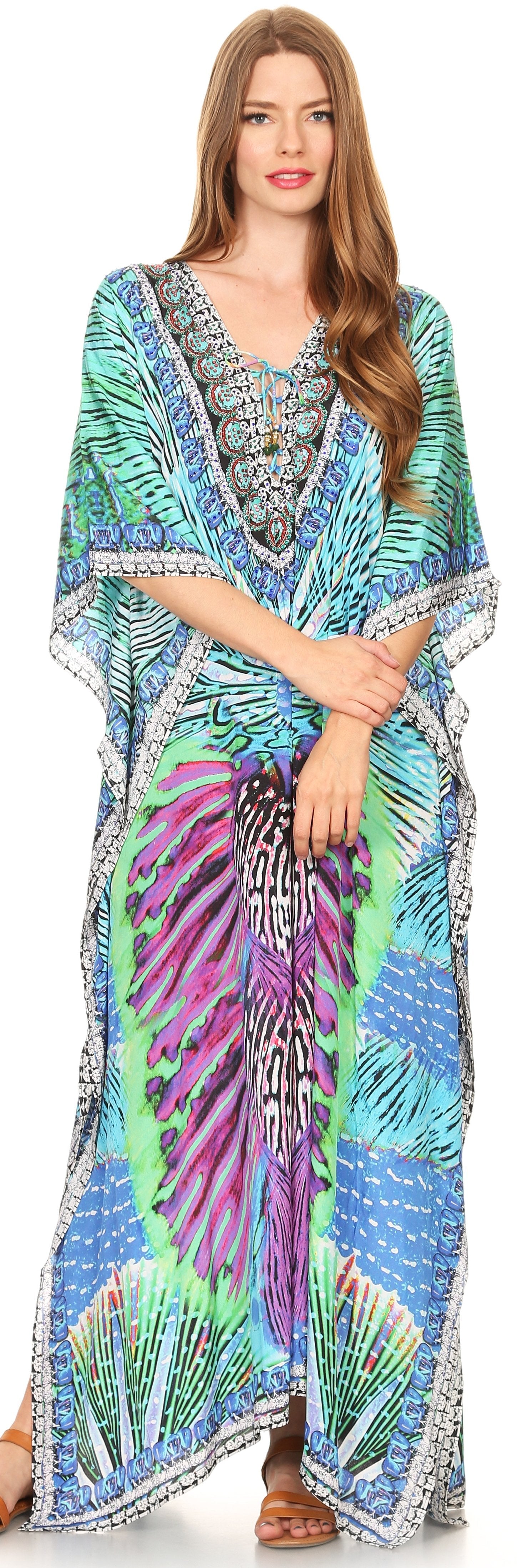 Sakkas Georgettina Flowy Rhinestone V Neck Long Caftan