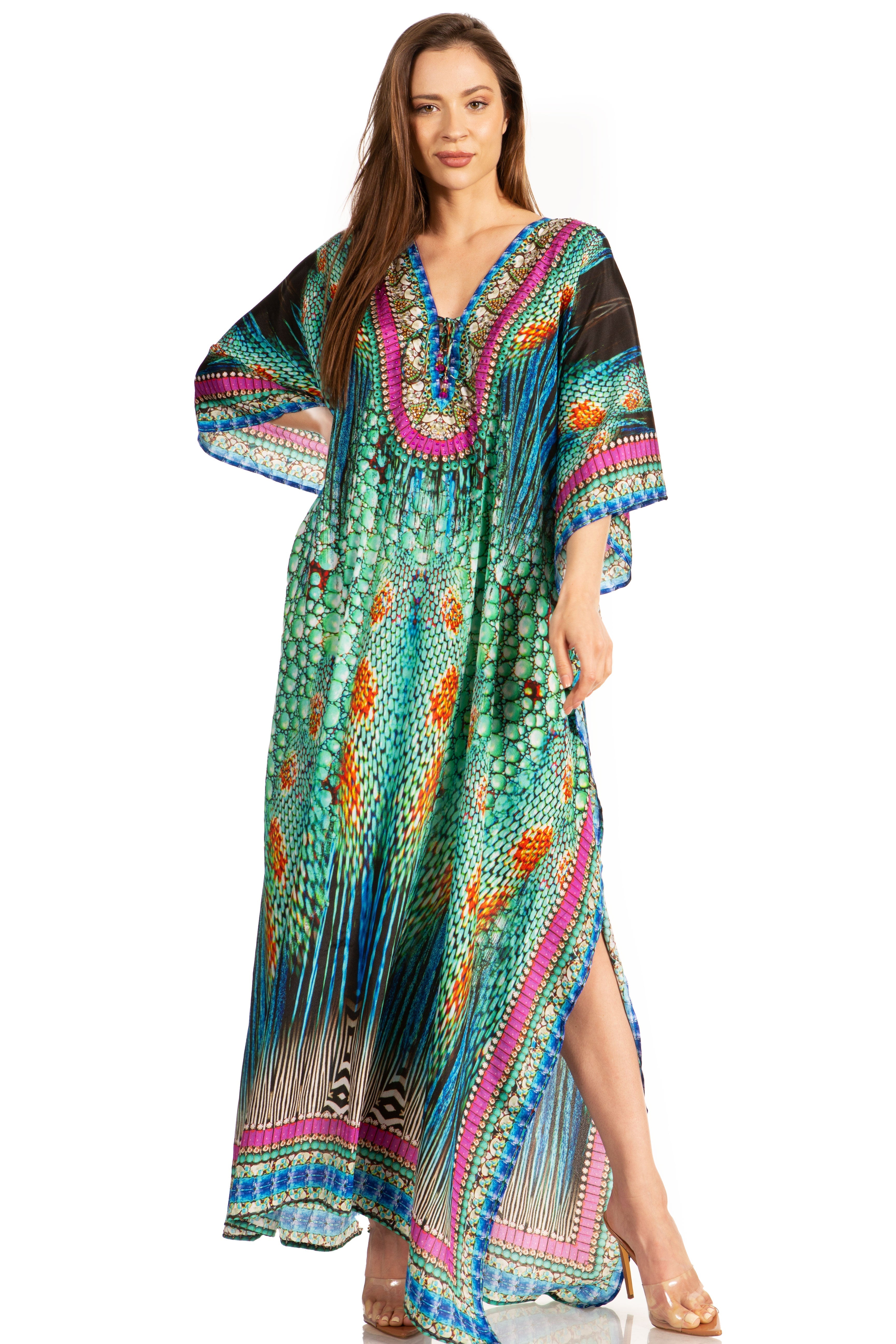 Sakkas Georgettina Flowy Rhinestone V Neck Long Caftan