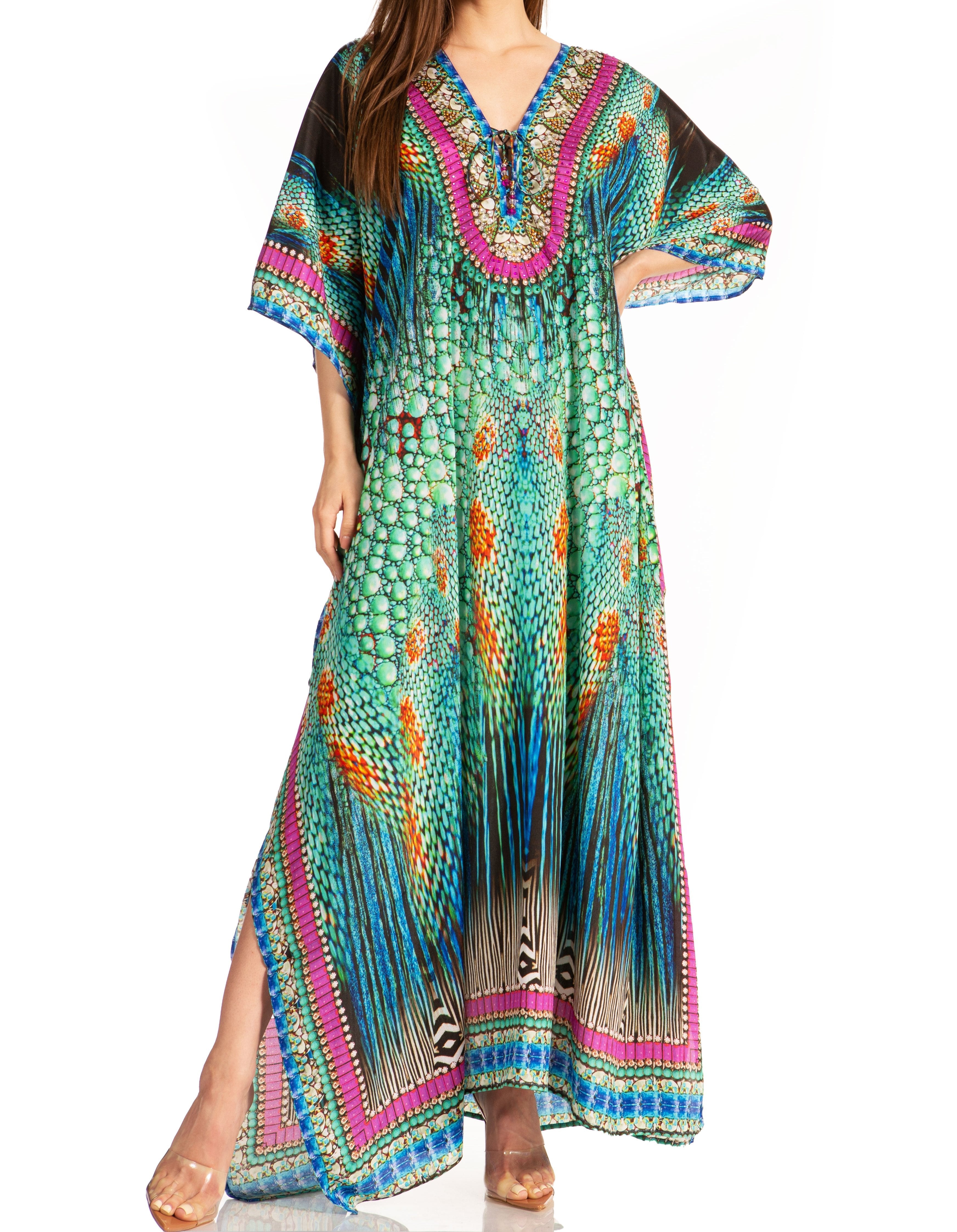 Sakkas Georgettina Flowy Rhinestone V Neck Long Caftan