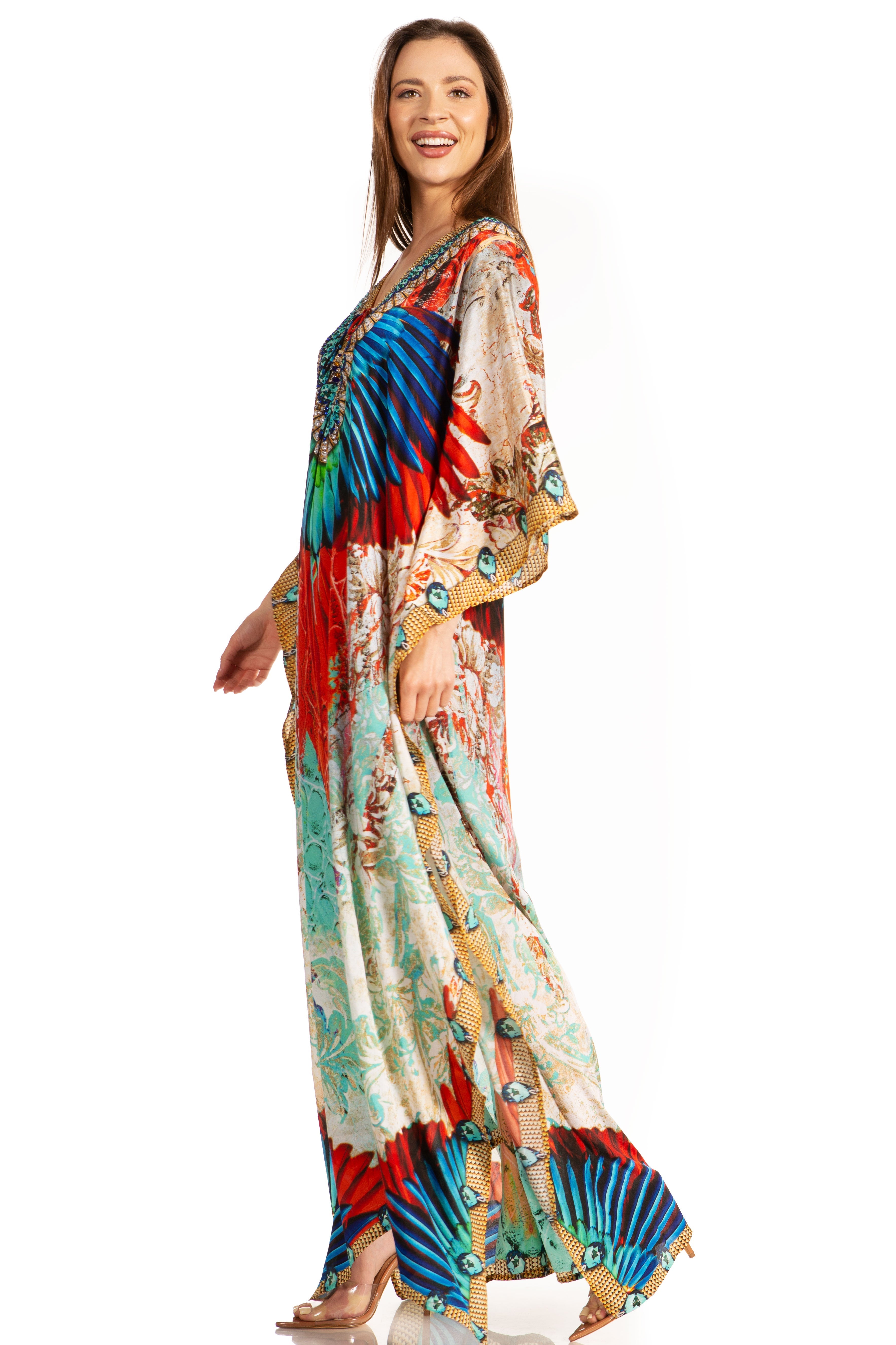 Sakkas Georgettina Flowy Rhinestone V Neck Long Caftan
