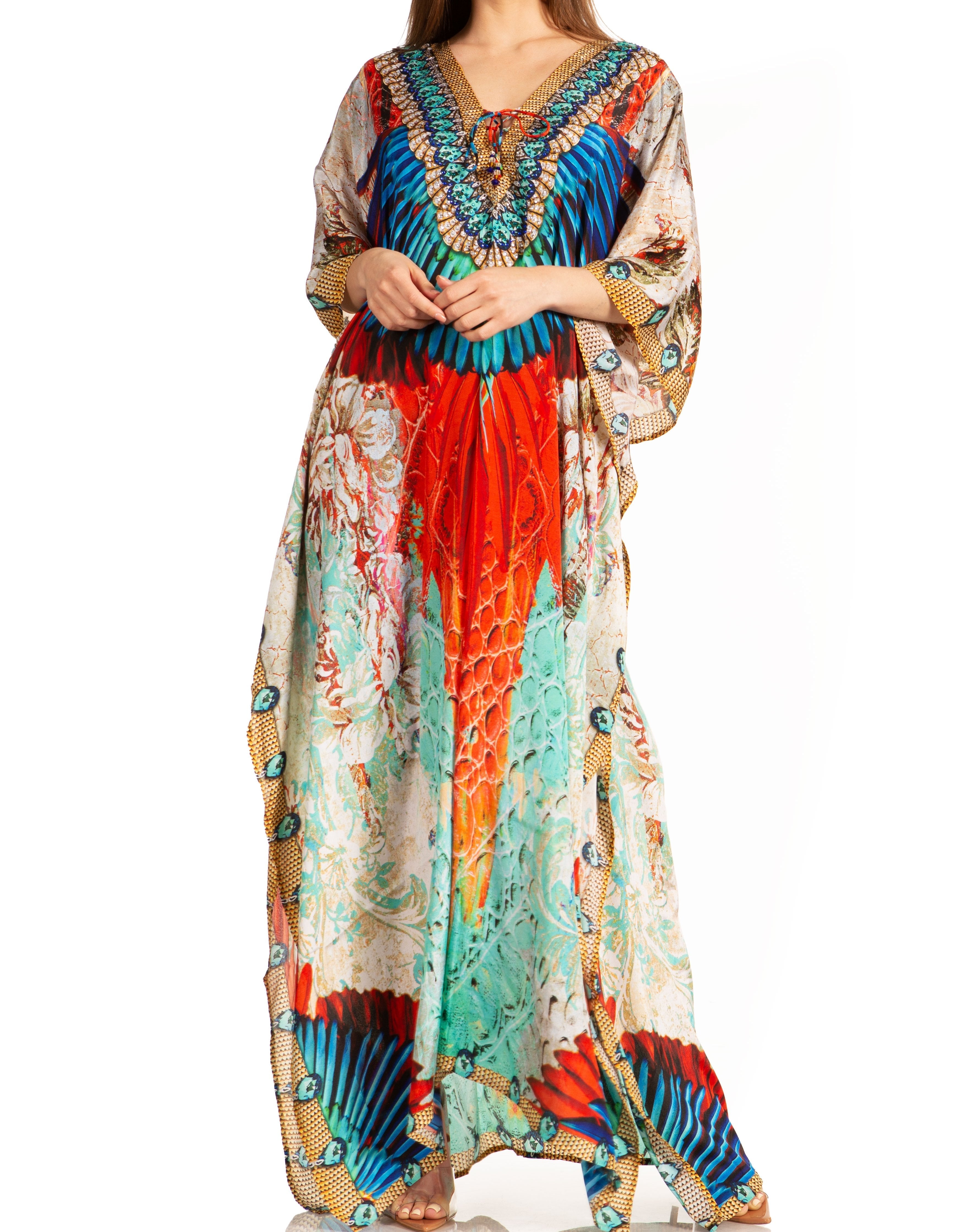 Sakkas Georgettina Flowy Rhinestone V Neck Long Caftan