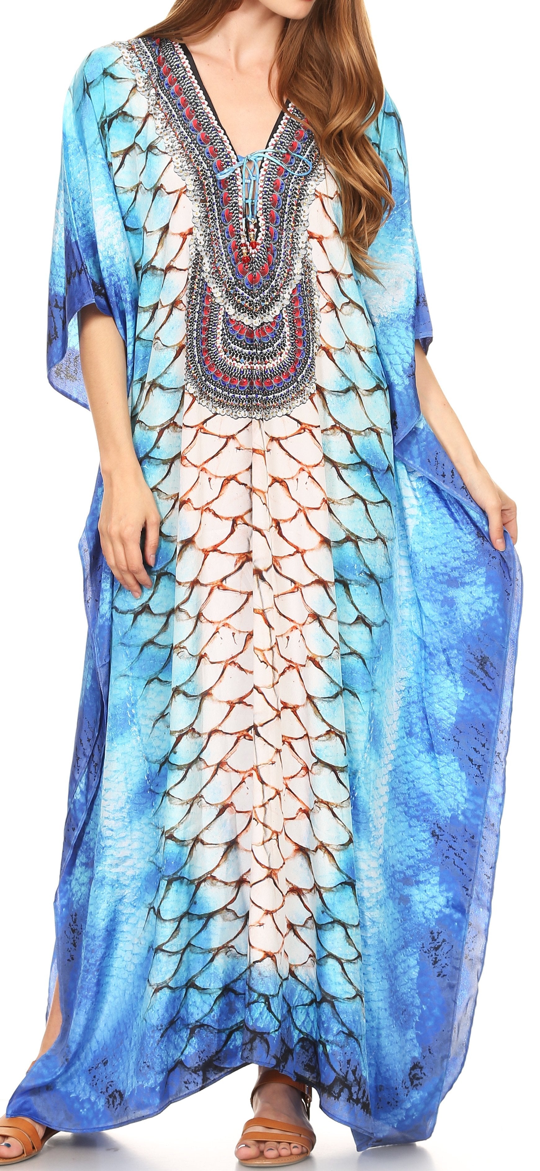 Sakkas Georgettina Flowy Rhinestone V Neck Long Caftan