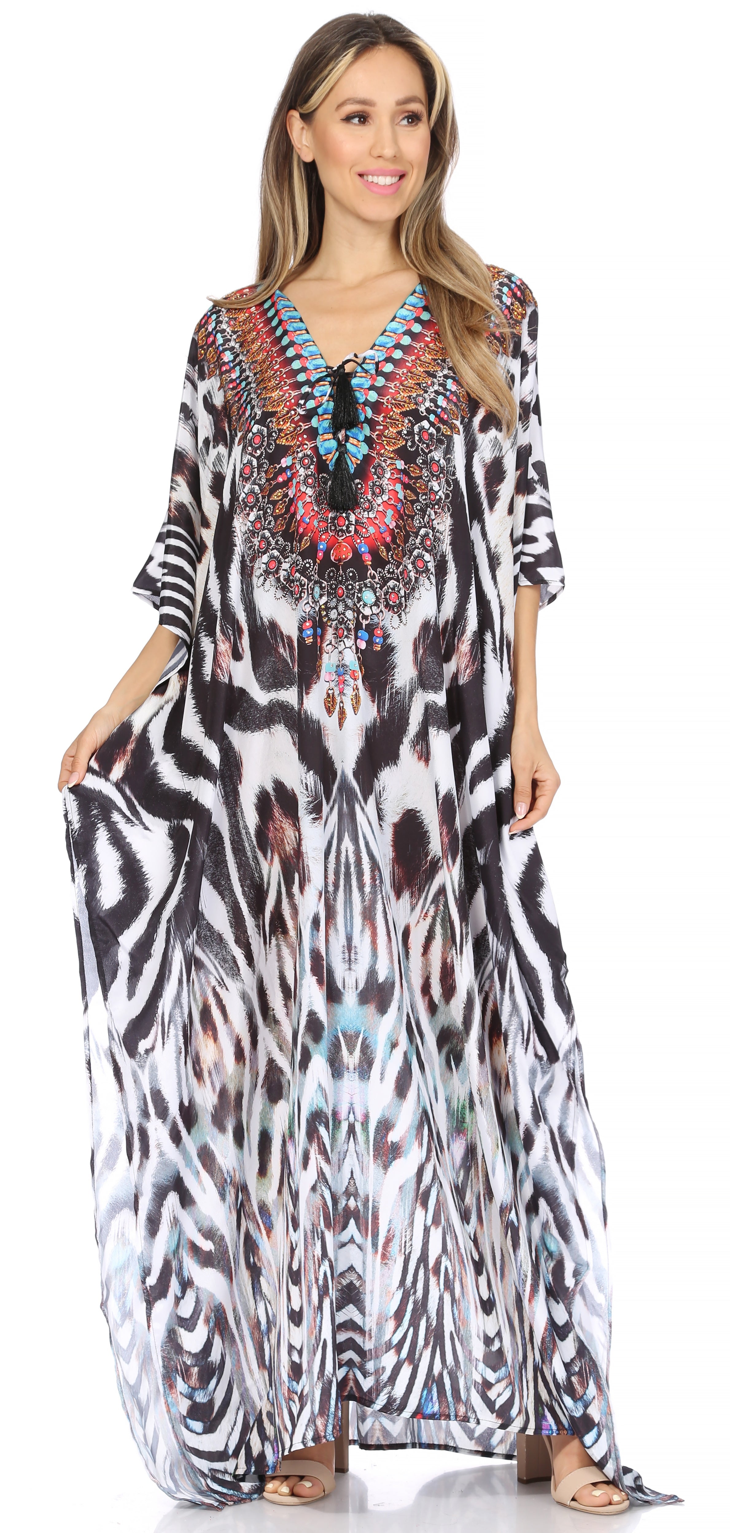 Sakkas Georgettina Flowy Rhinestone V Neck Long Caftan