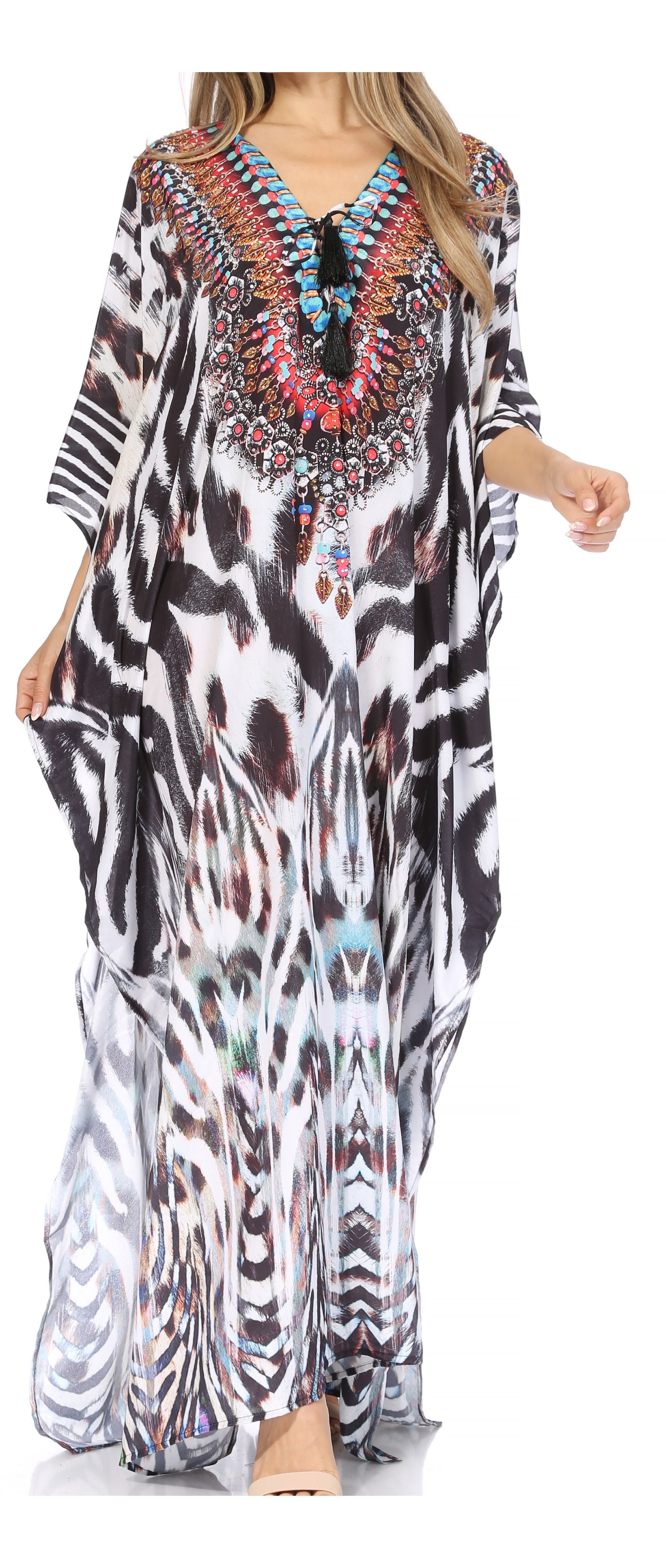 Sakkas Georgettina Flowy Rhinestone V Neck Long Caftan