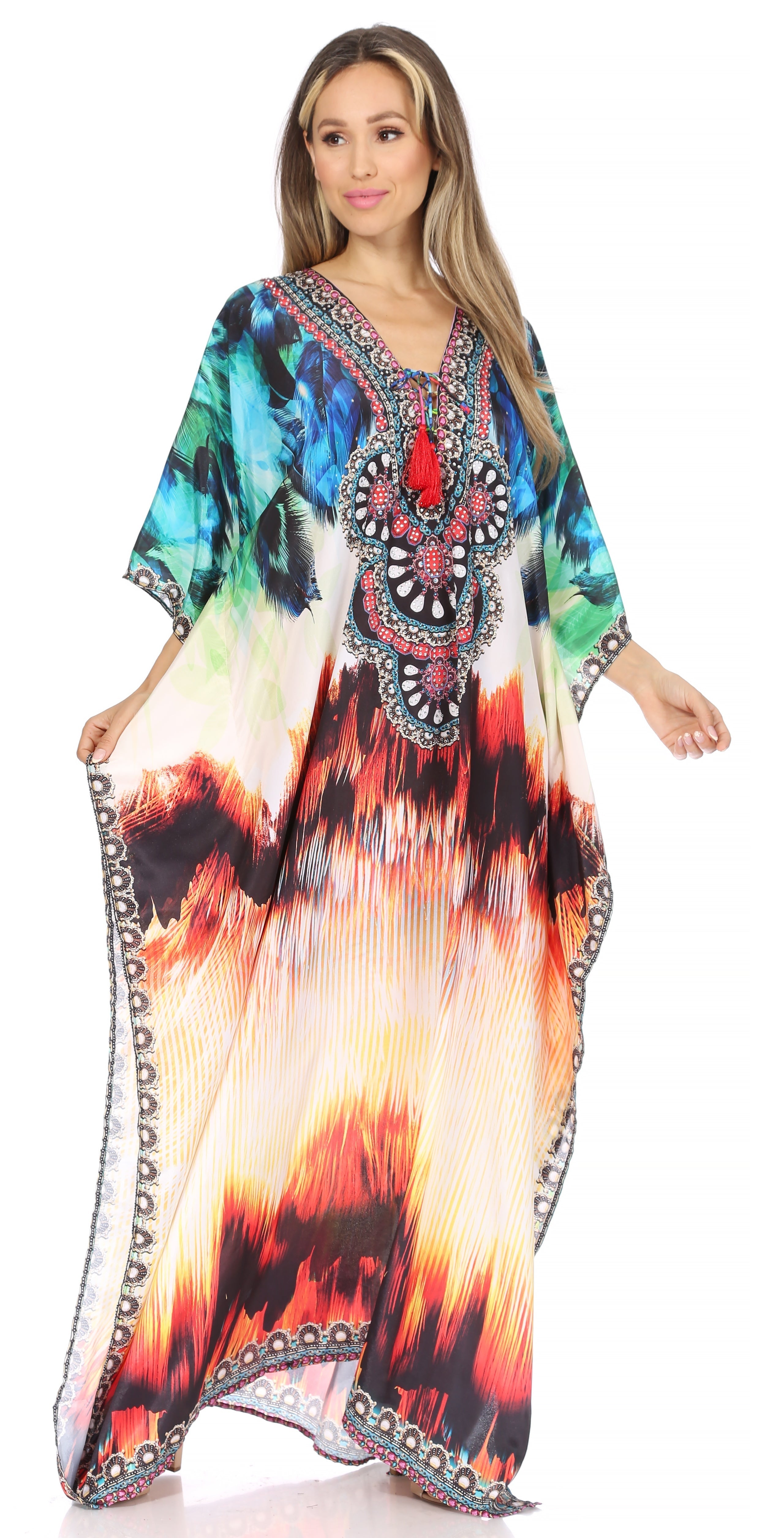 Sakkas Georgettina Flowy Rhinestone V Neck Long Caftan