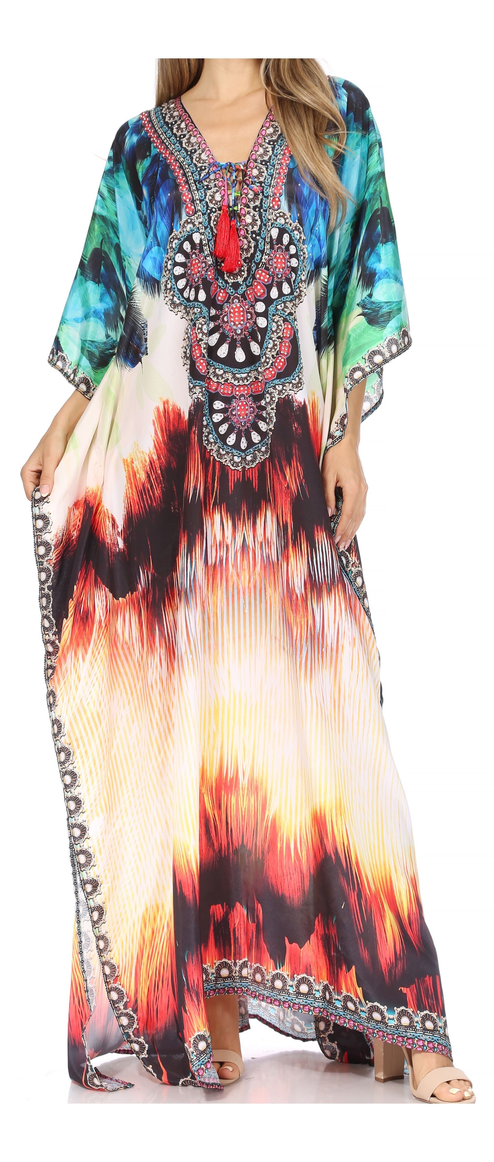 Sakkas Georgettina Flowy Rhinestone V Neck Long Caftan
