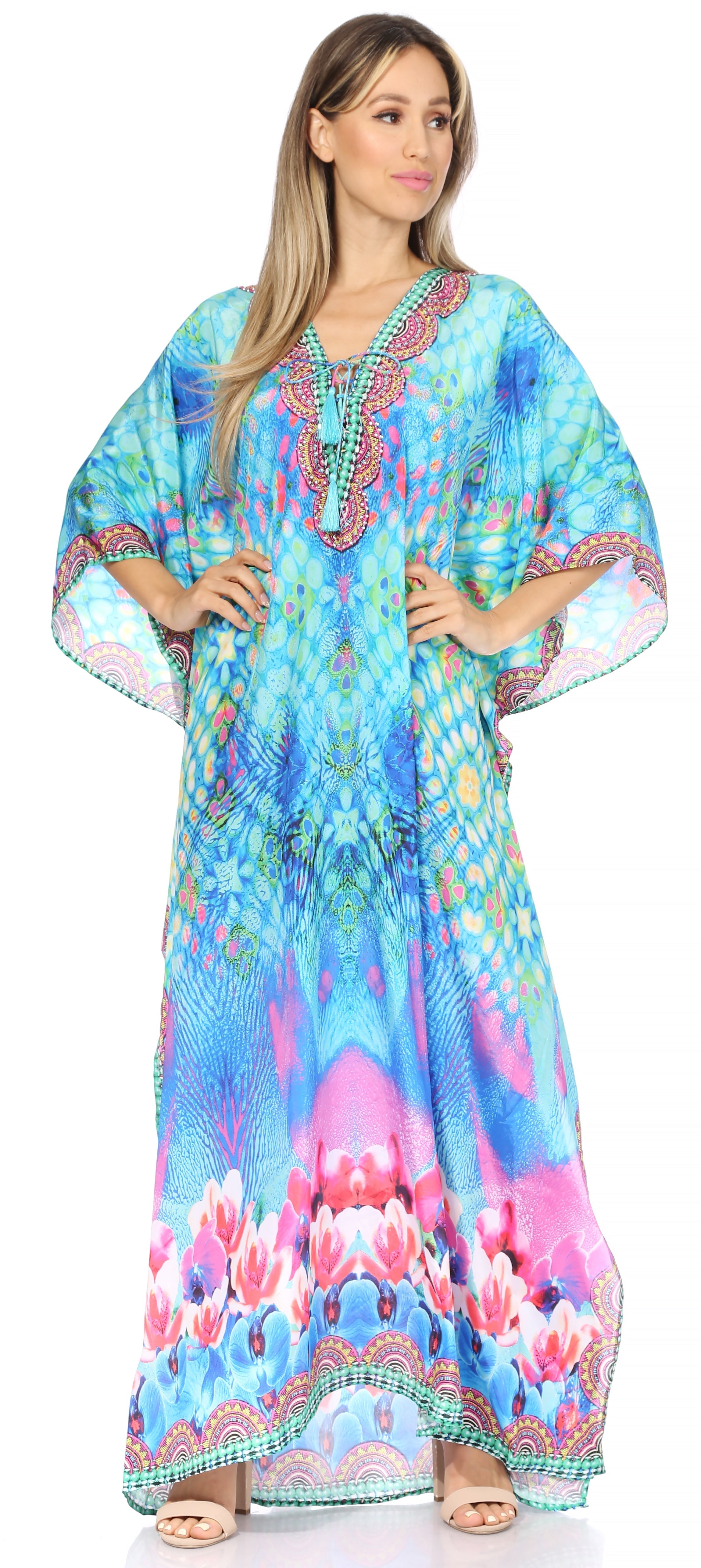 Sakkas Georgettina Flowy Rhinestone V Neck Long Caftan