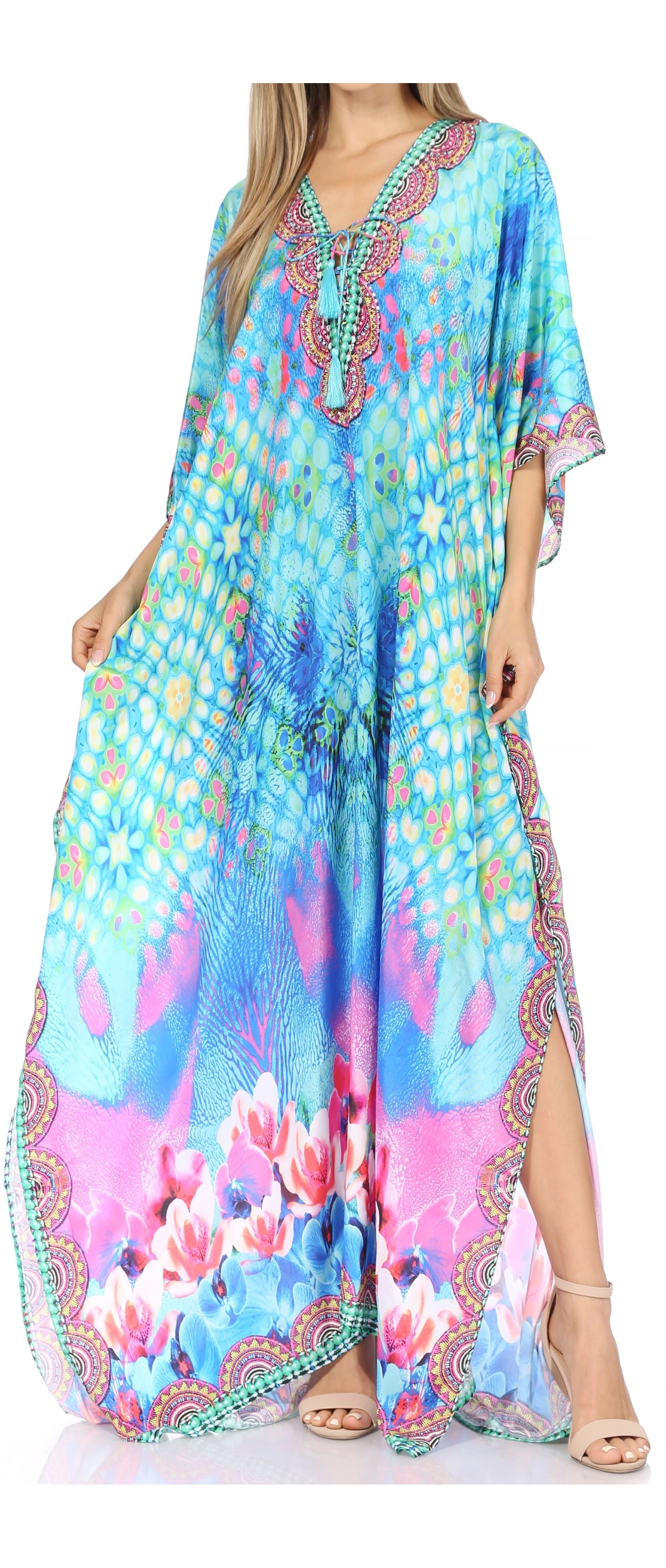 Sakkas Georgettina Flowy Rhinestone V Neck Long Caftan