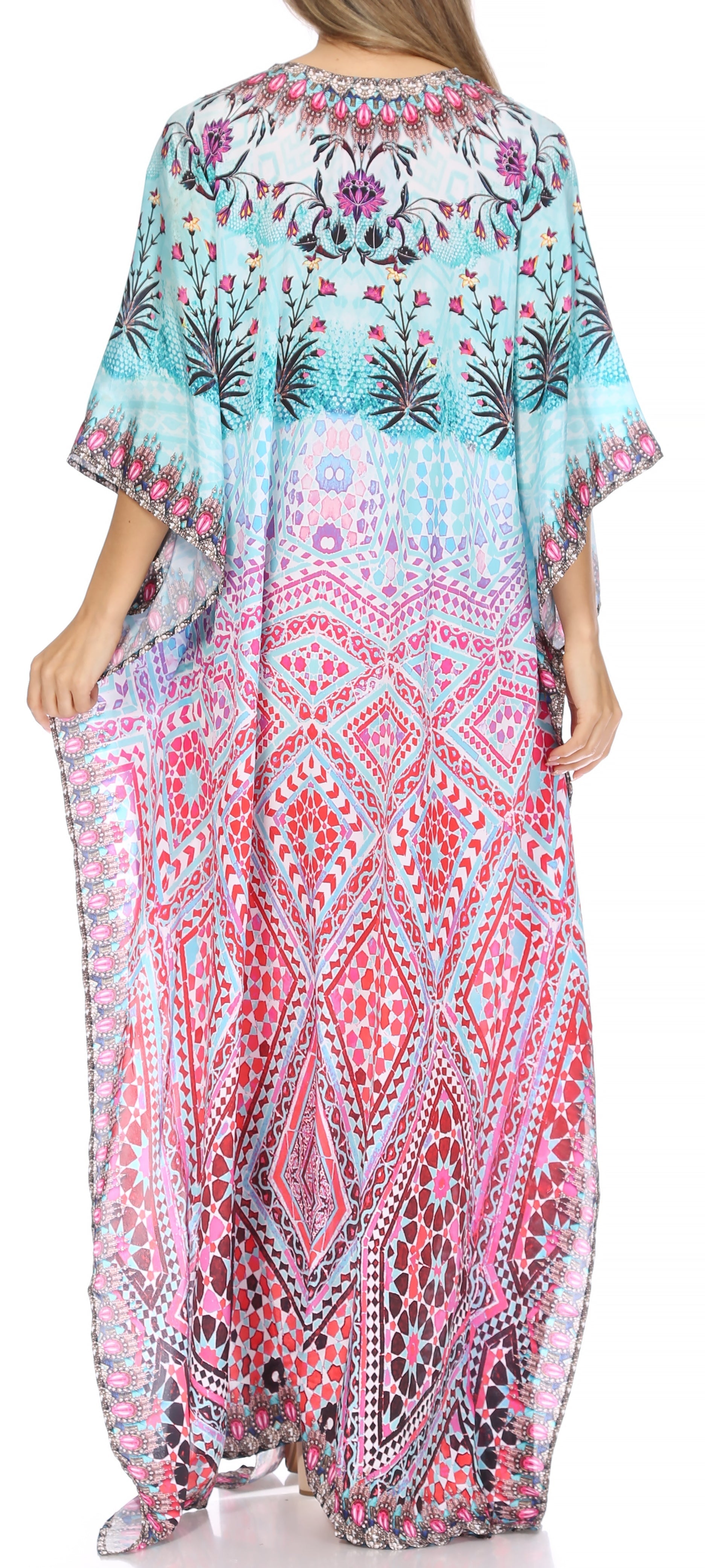 Sakkas Georgettina Flowy Rhinestone V Neck Long Caftan