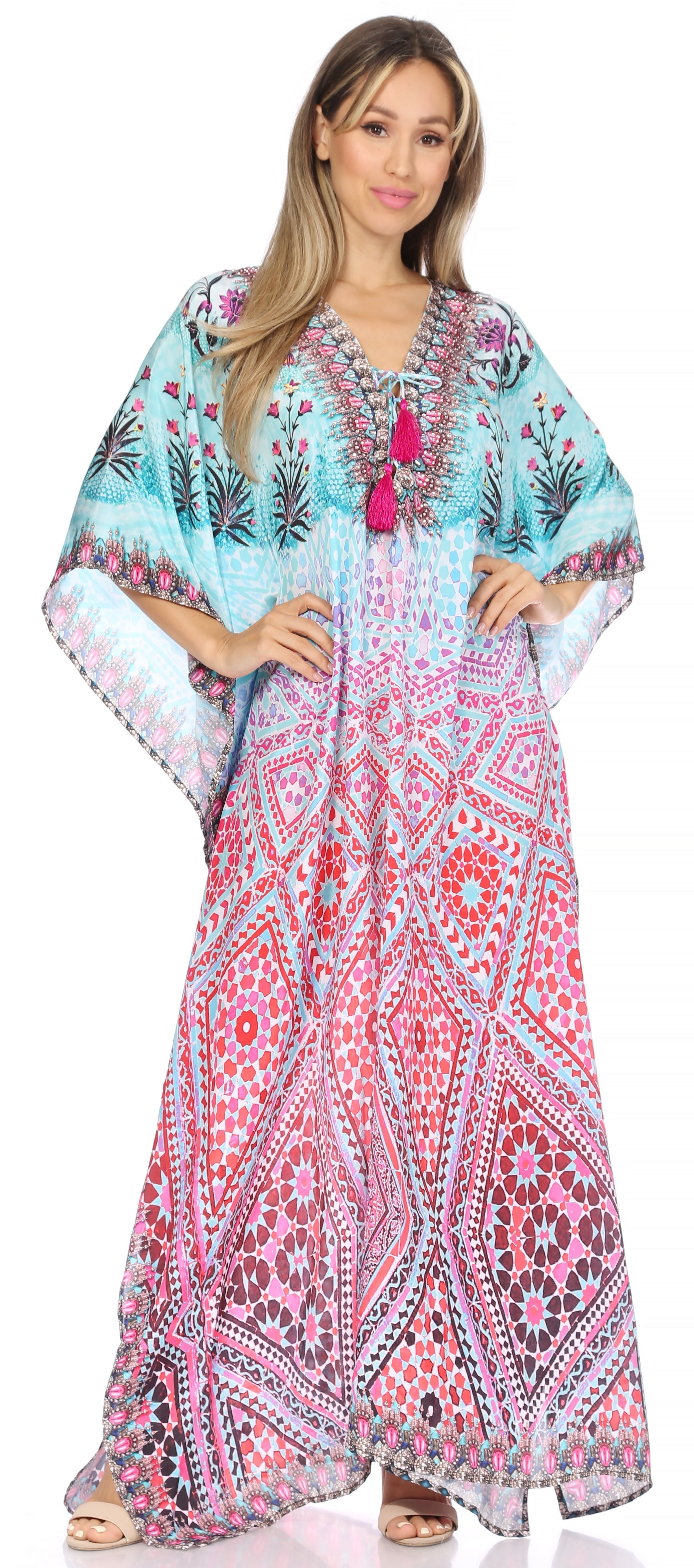 Sakkas Georgettina Flowy Rhinestone V Neck Long Caftan