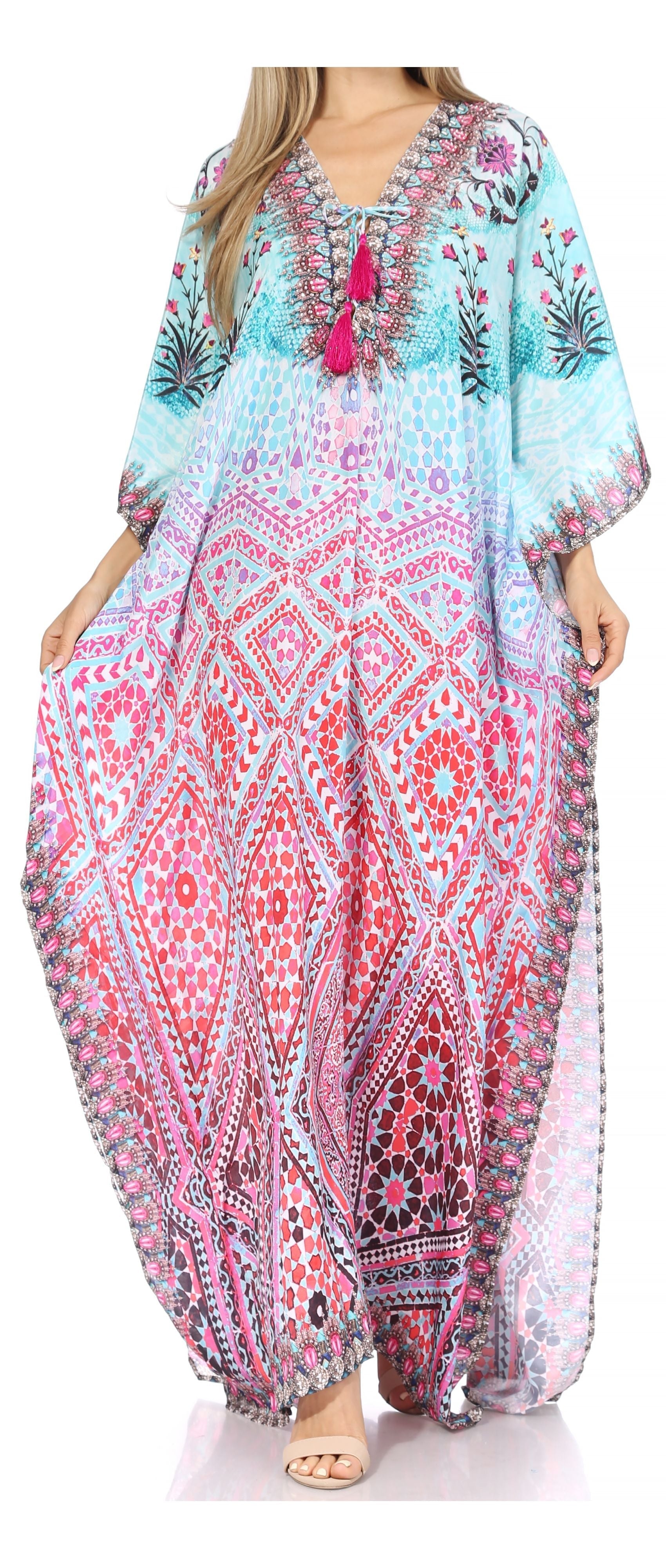 Sakkas Georgettina Flowy Rhinestone V Neck Long Caftan