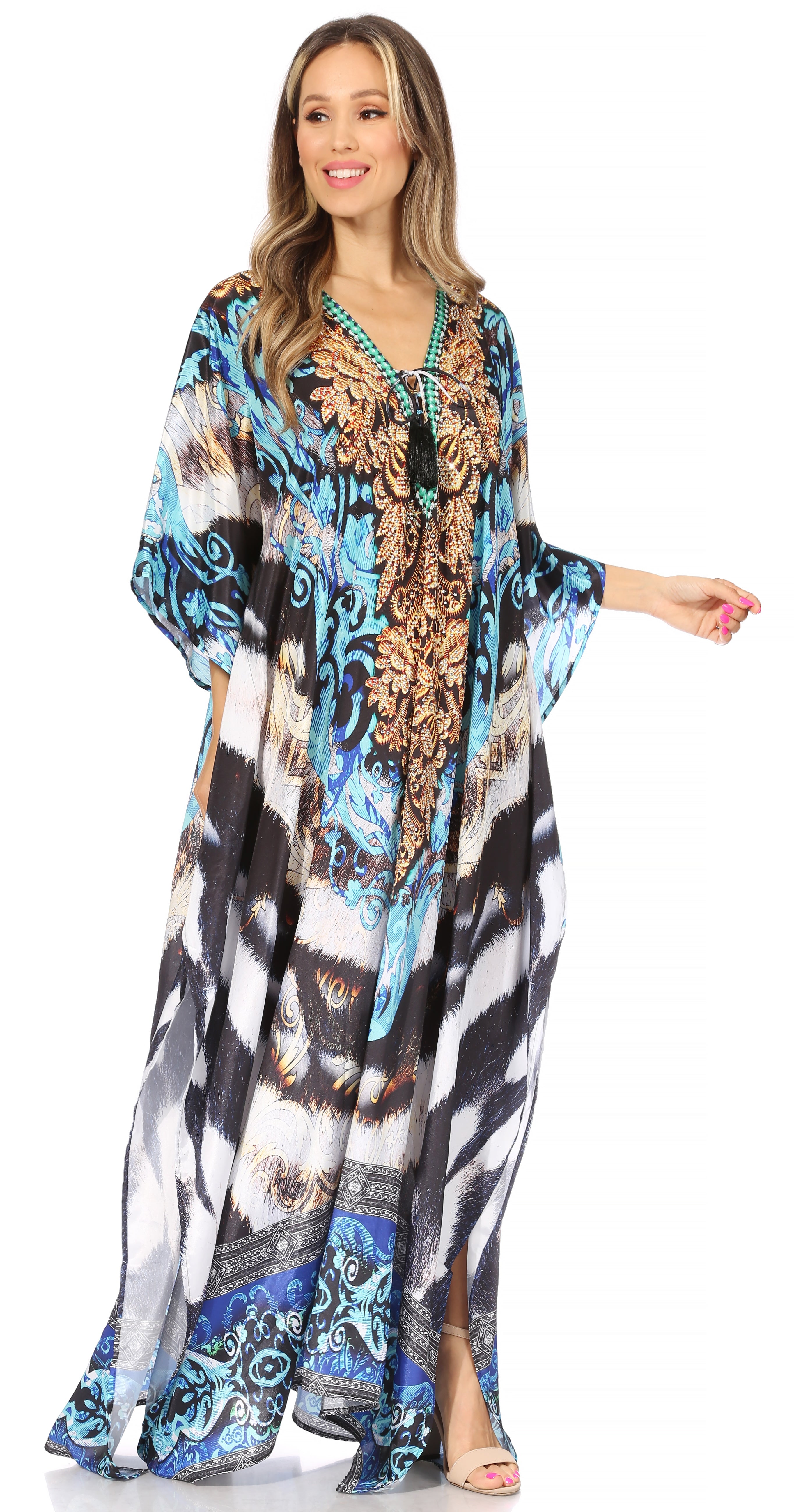 Sakkas Georgettina Flowy Rhinestone V Neck Long Caftan