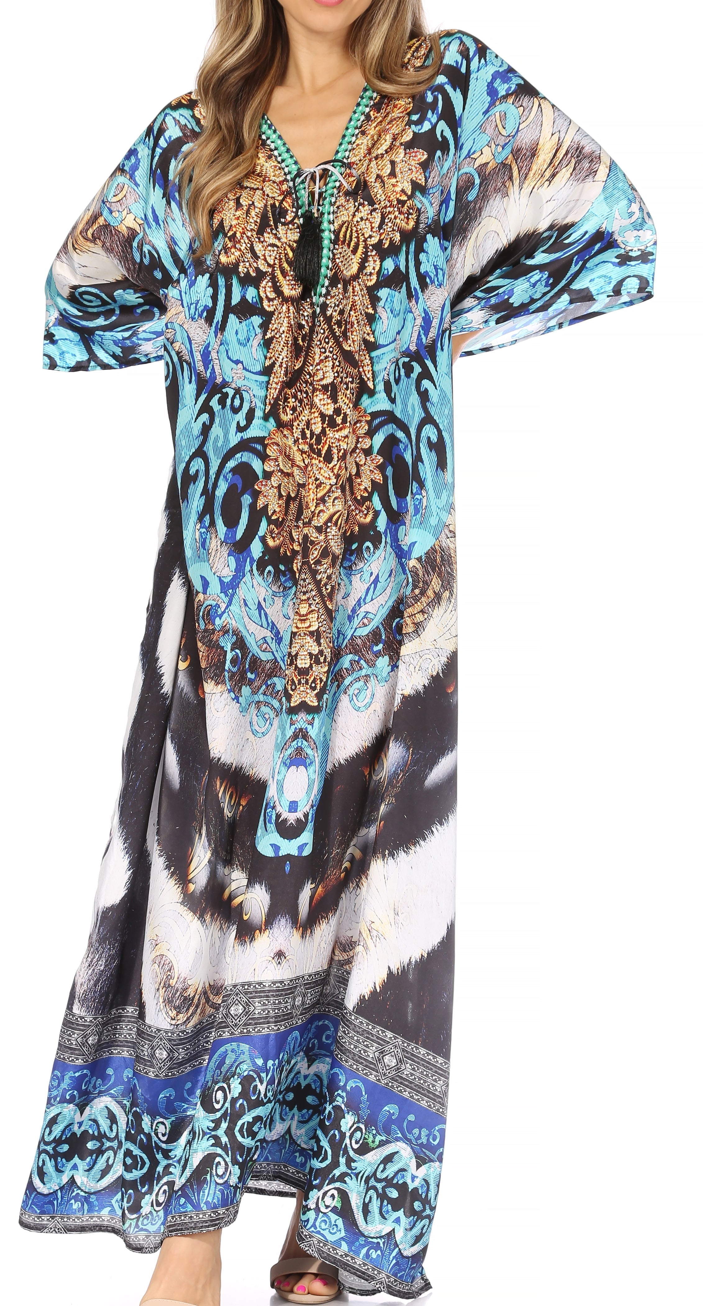 Sakkas Georgettina Flowy Rhinestone V Neck Long Caftan