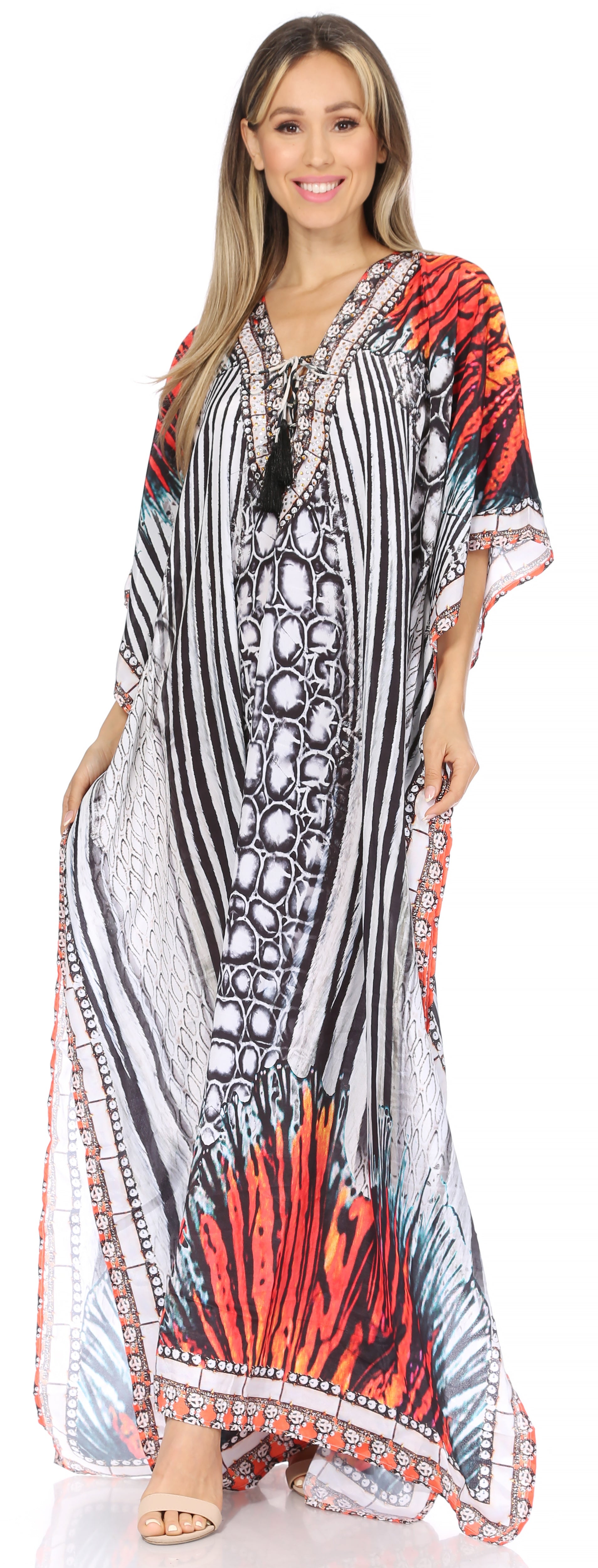 Sakkas Georgettina Flowy Rhinestone V Neck Long Caftan