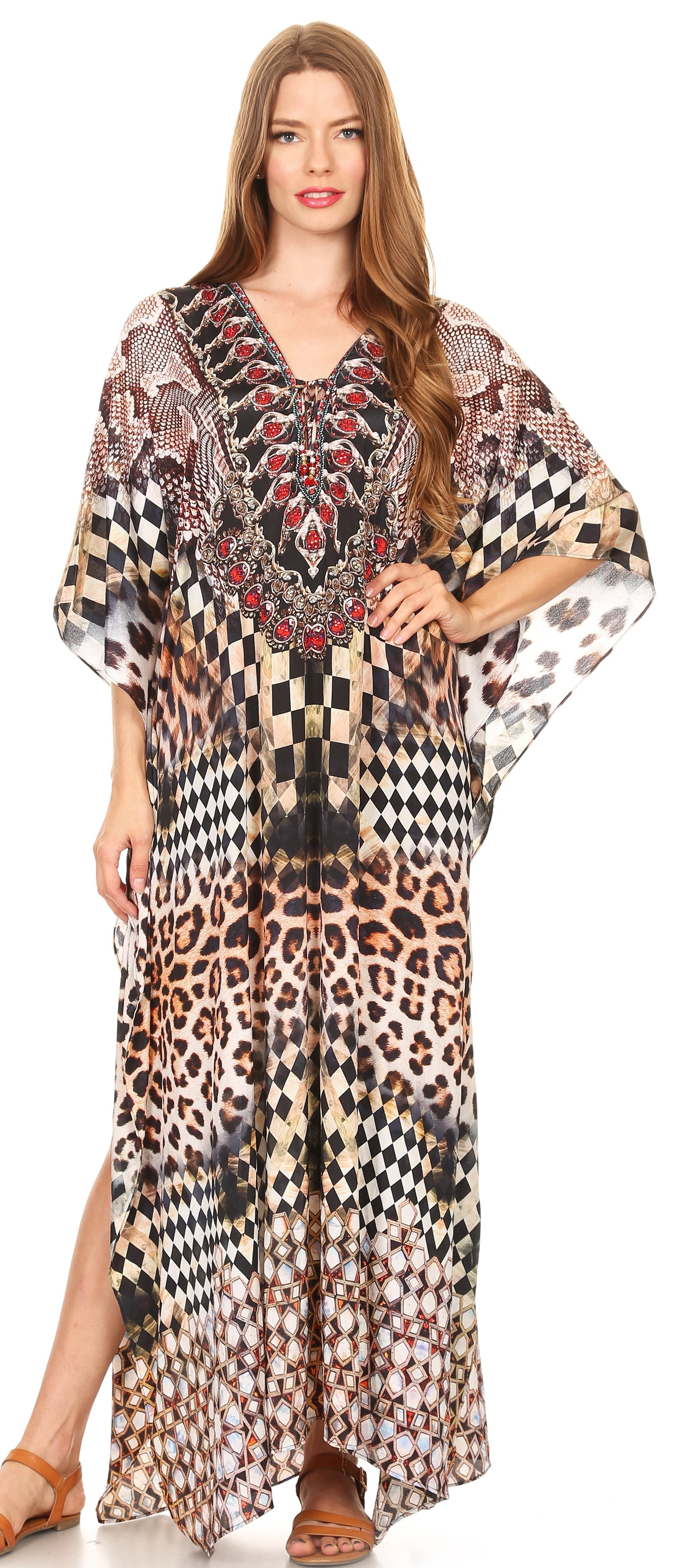 Sakkas Georgettina Flowy Rhinestone V Neck Long Caftan