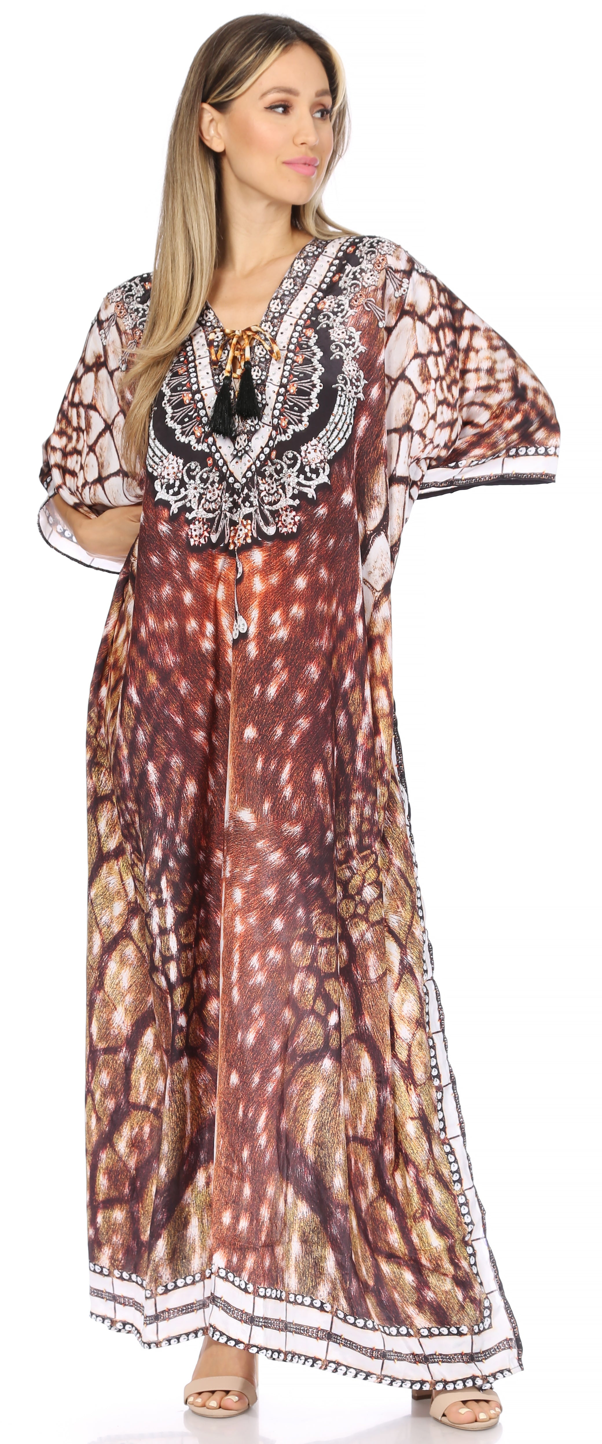 Sakkas Georgettina Flowy Rhinestone V Neck Long Caftan