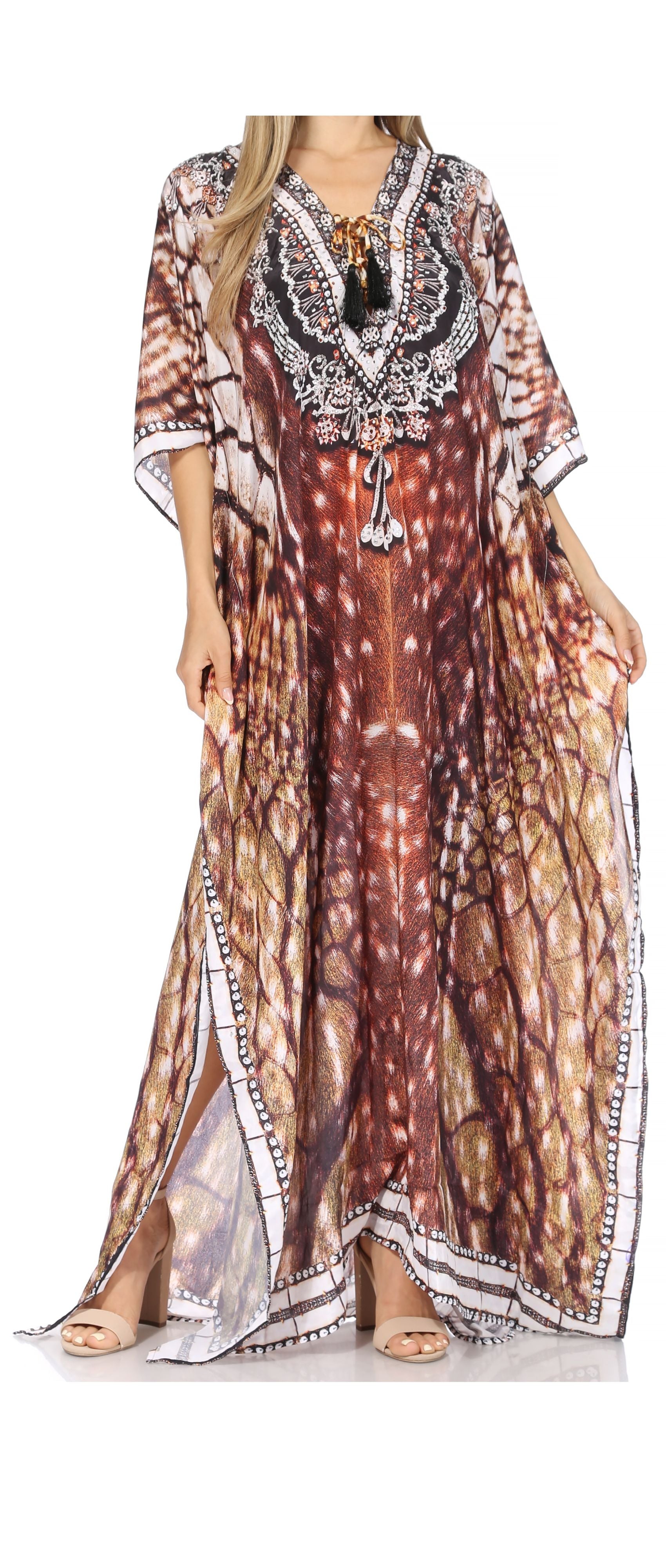 Sakkas Georgettina Flowy Rhinestone V Neck Long Caftan