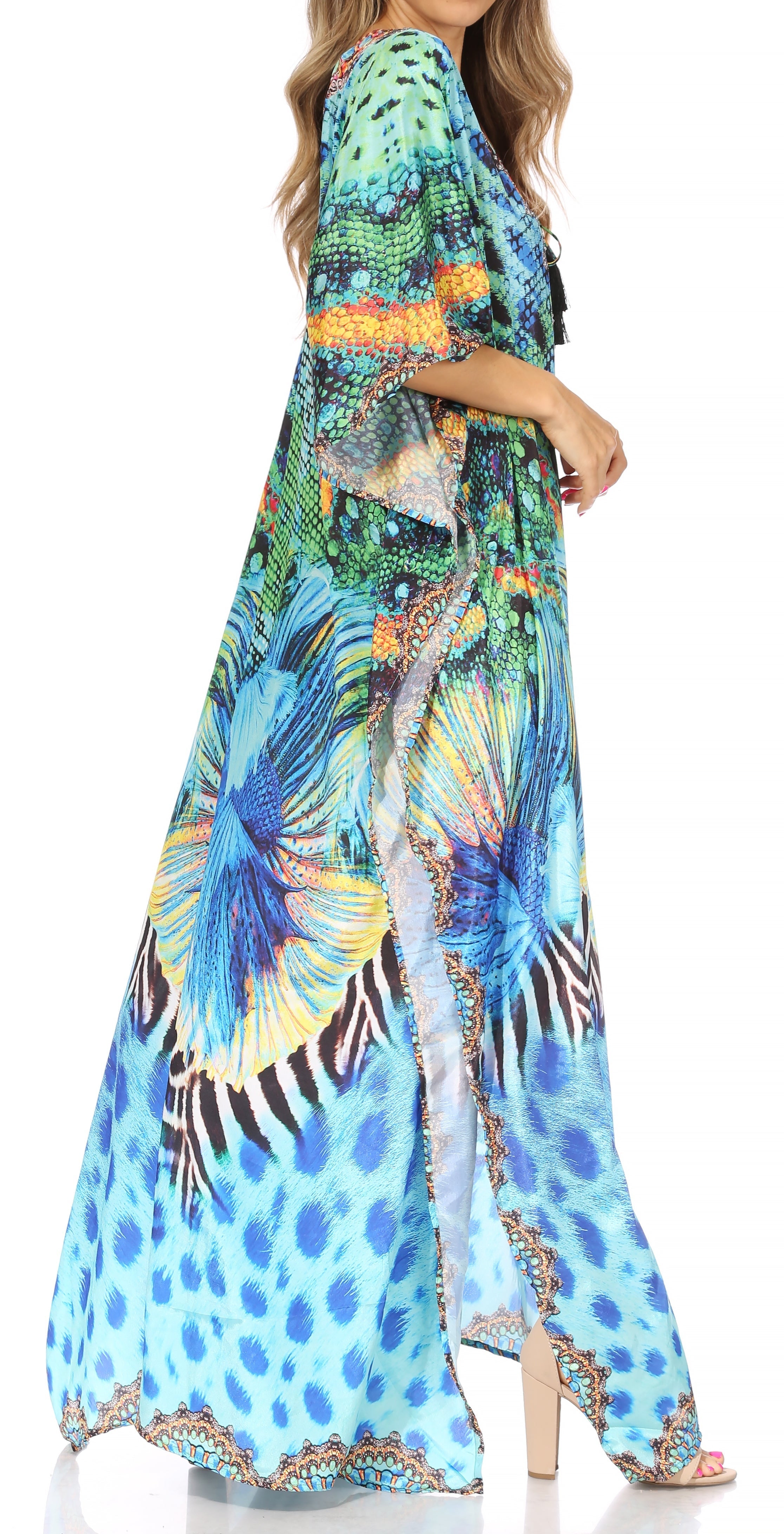 Sakkas Georgettina Flowy Rhinestone V Neck Long Caftan