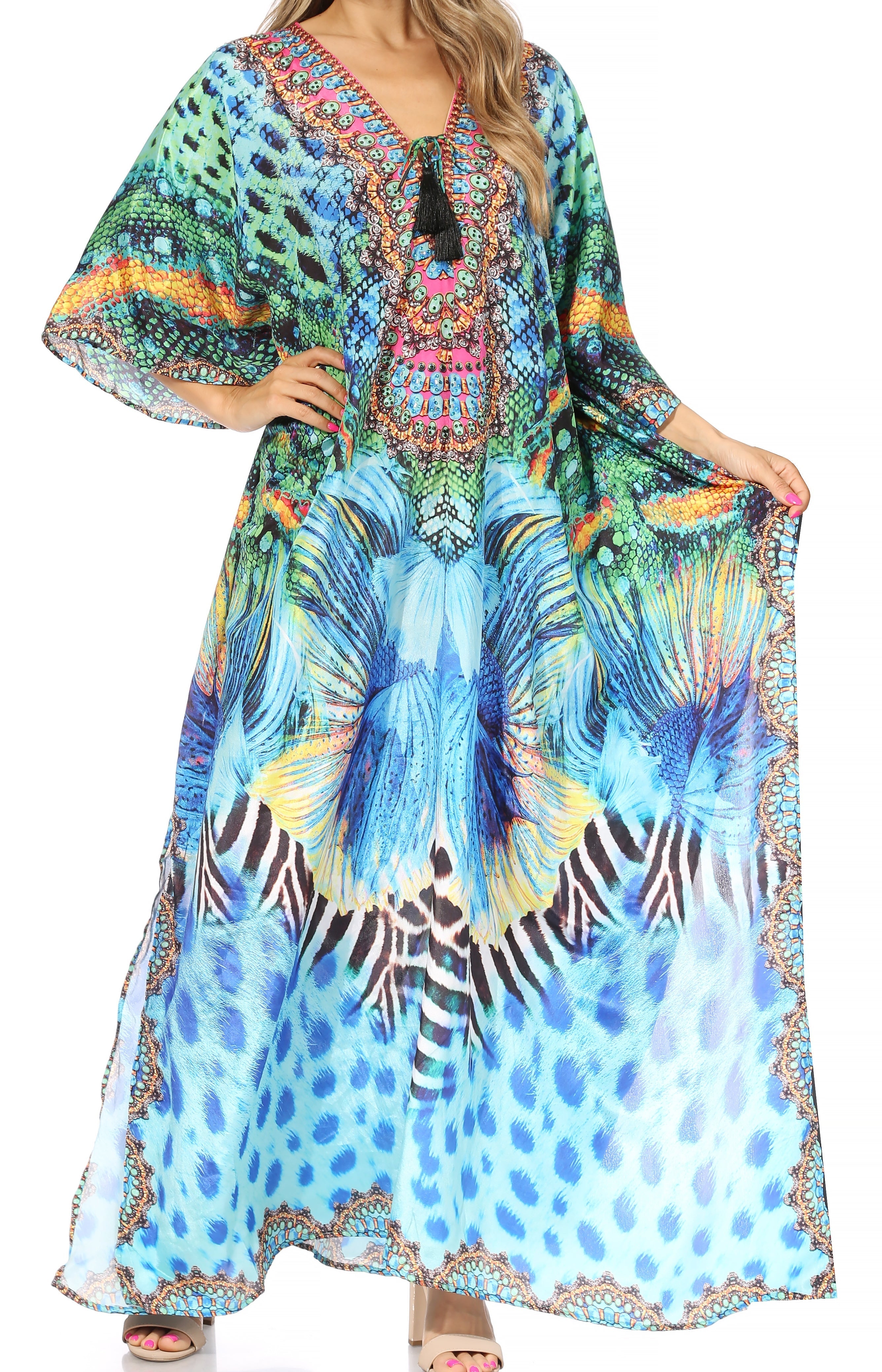 Sakkas Georgettina Flowy Rhinestone V Neck Long Caftan