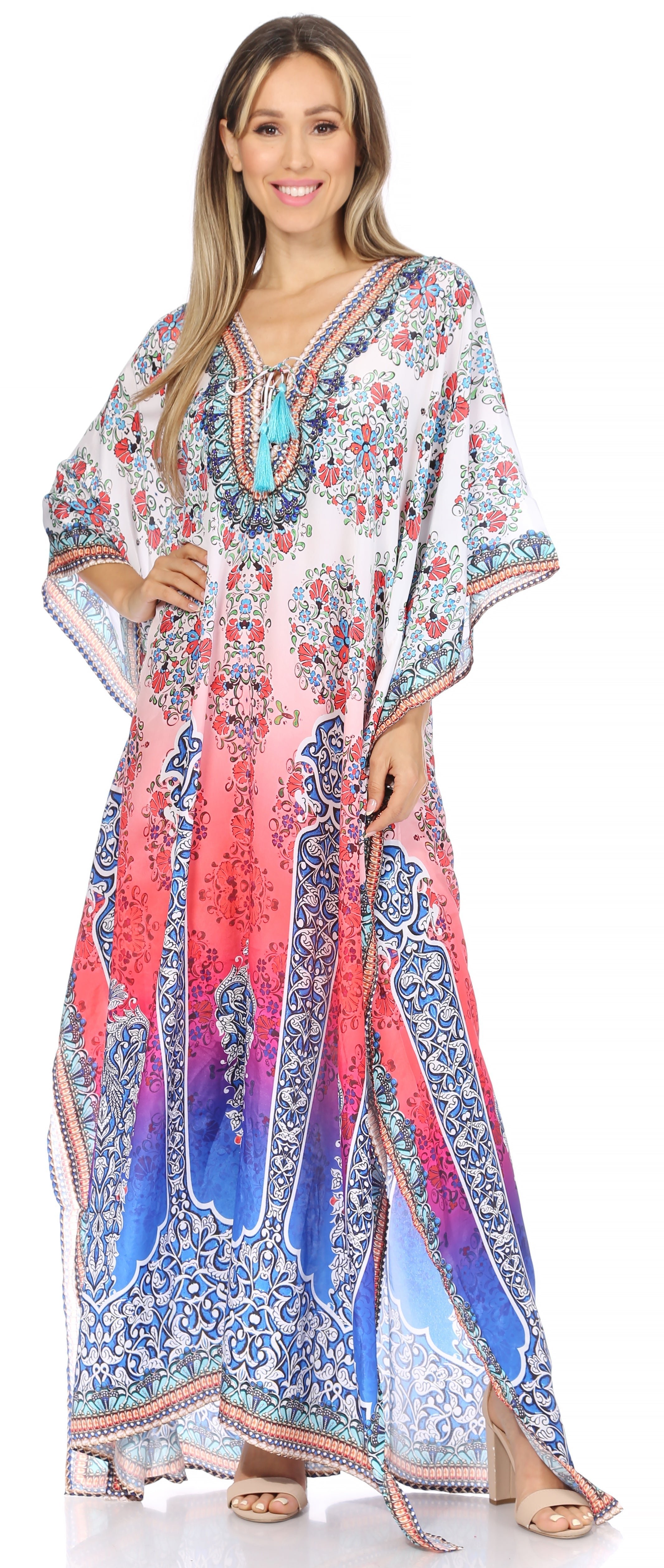 Sakkas Georgettina Flowy Rhinestone V Neck Long Caftan