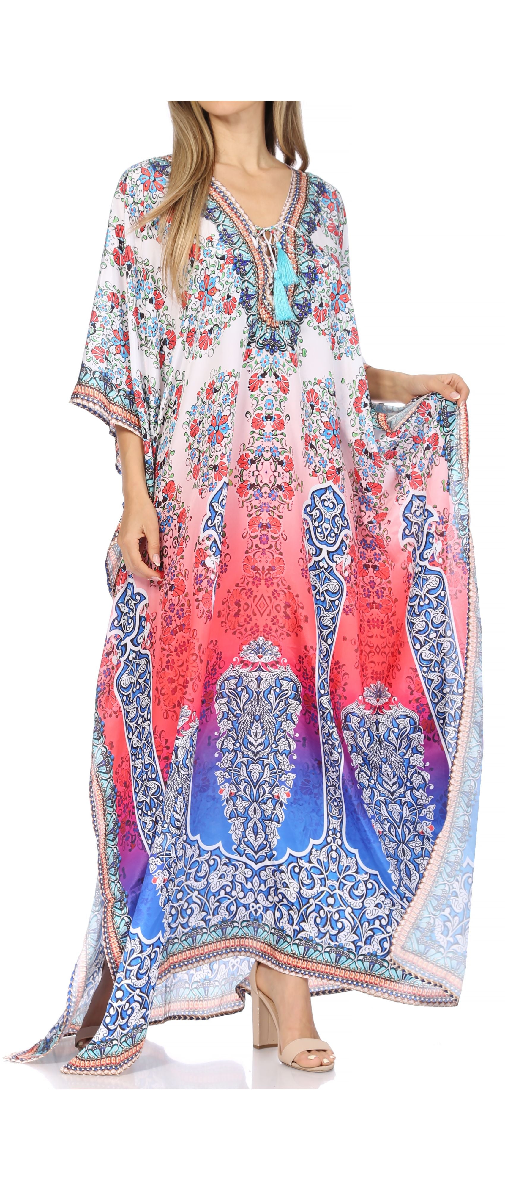 Sakkas Georgettina Flowy Rhinestone V Neck Long Caftan