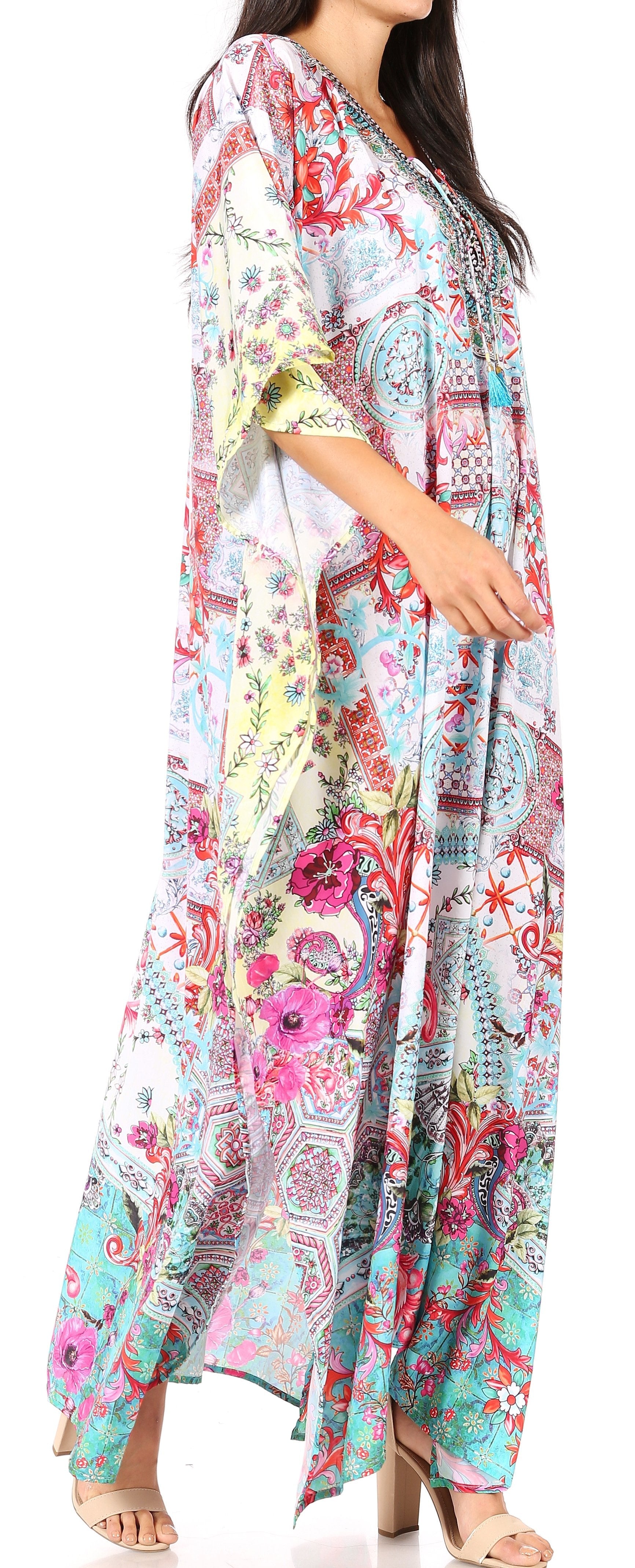 Sakkas Georgettina Flowy Rhinestone V Neck Long Caftan