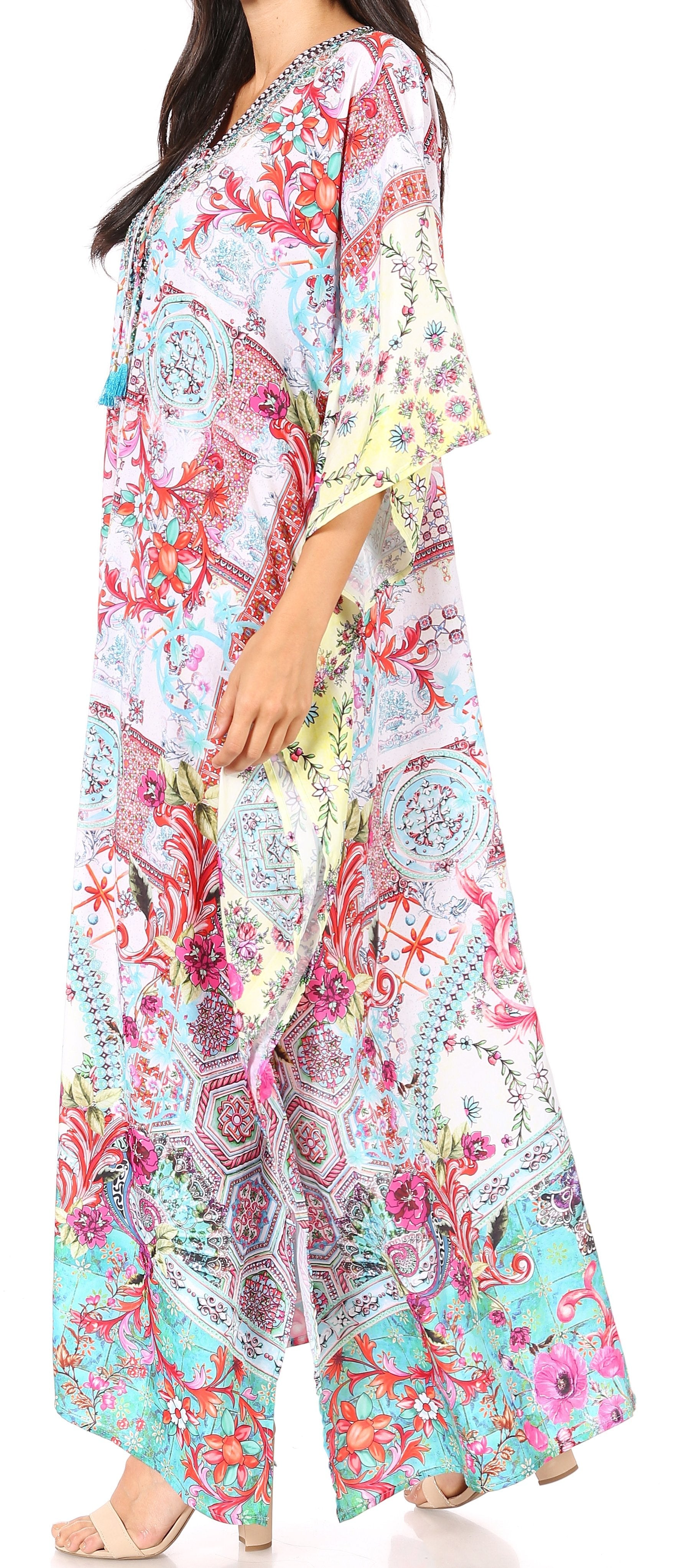 Sakkas Georgettina Flowy Rhinestone V Neck Long Caftan