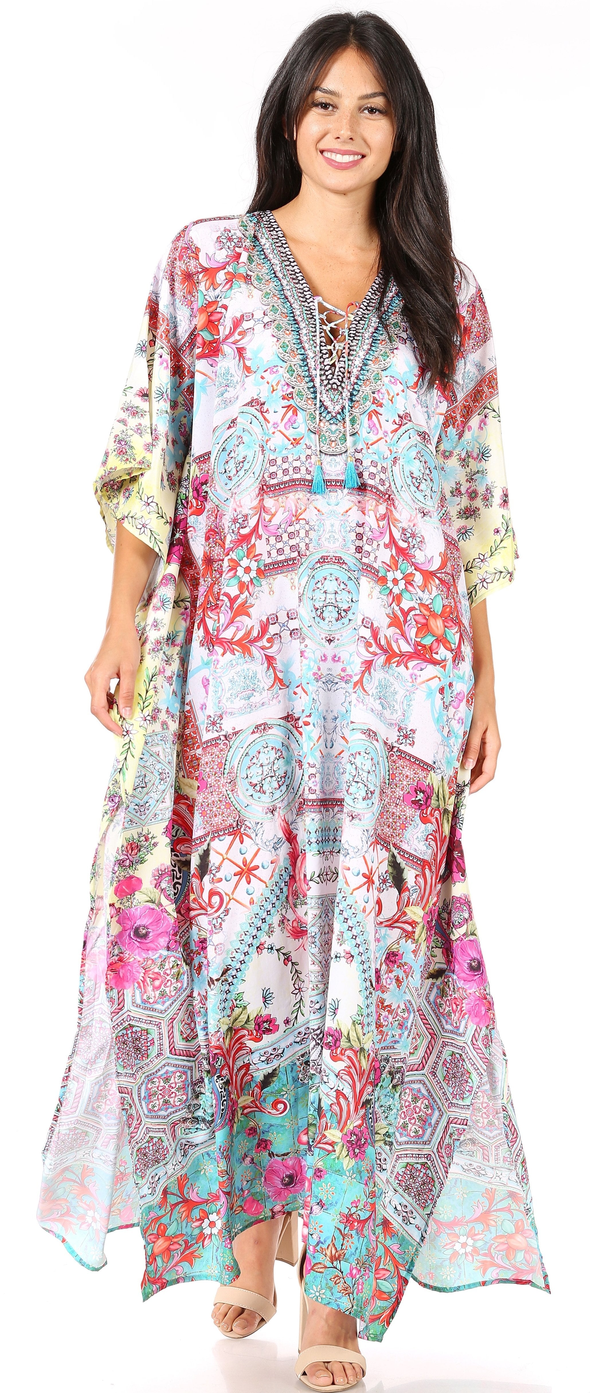 Sakkas Georgettina Flowy Rhinestone V Neck Long Caftan