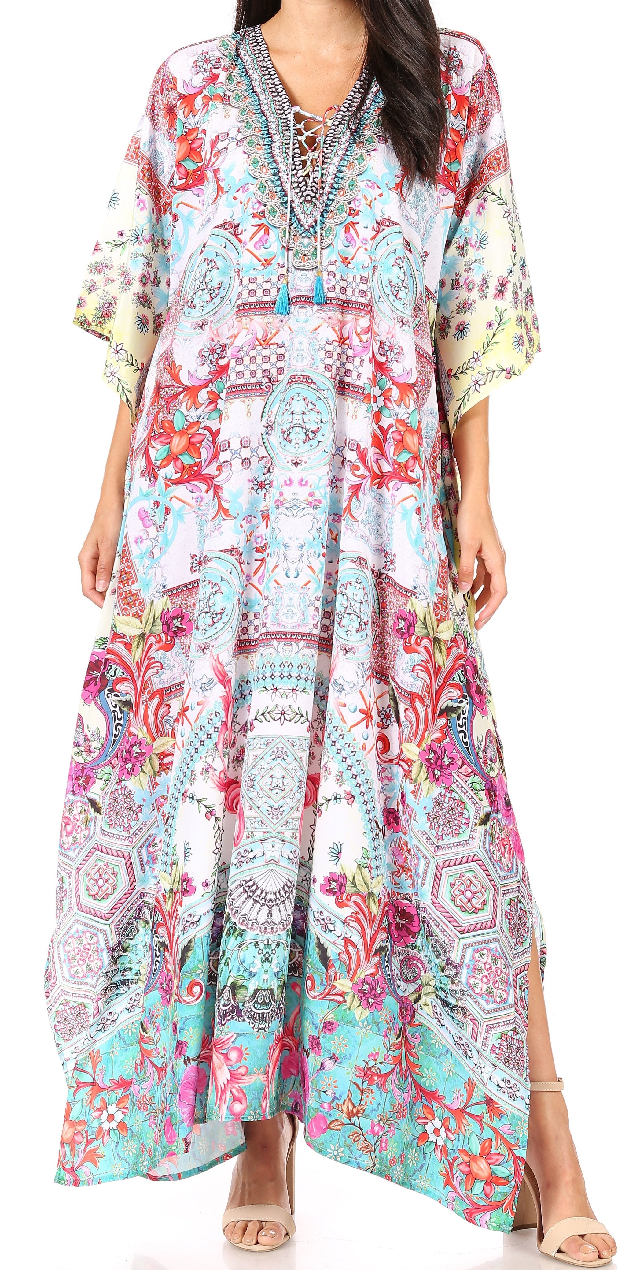 Sakkas Georgettina Flowy Rhinestone V Neck Long Caftan