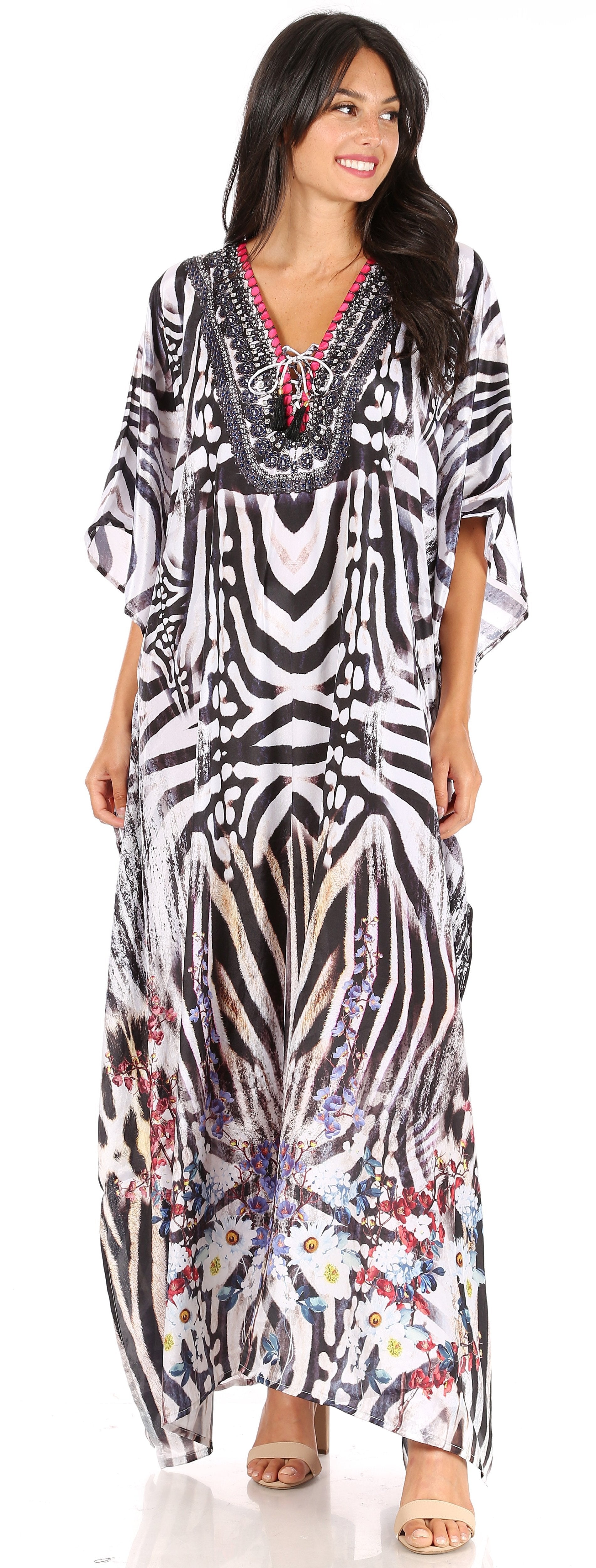 Sakkas Georgettina Flowy Rhinestone V Neck Long Caftan