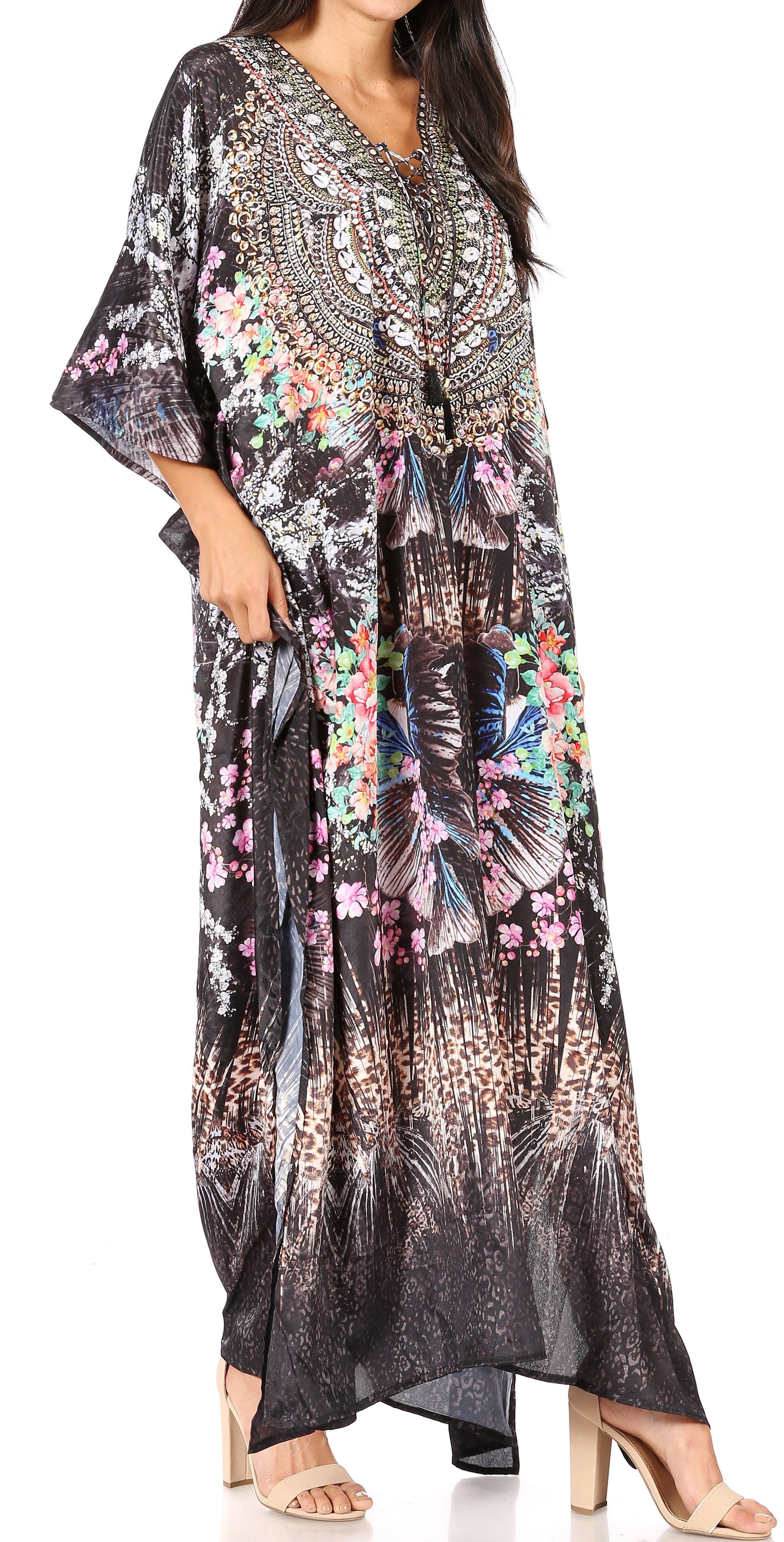 Sakkas Georgettina Flowy Rhinestone V Neck Long Caftan