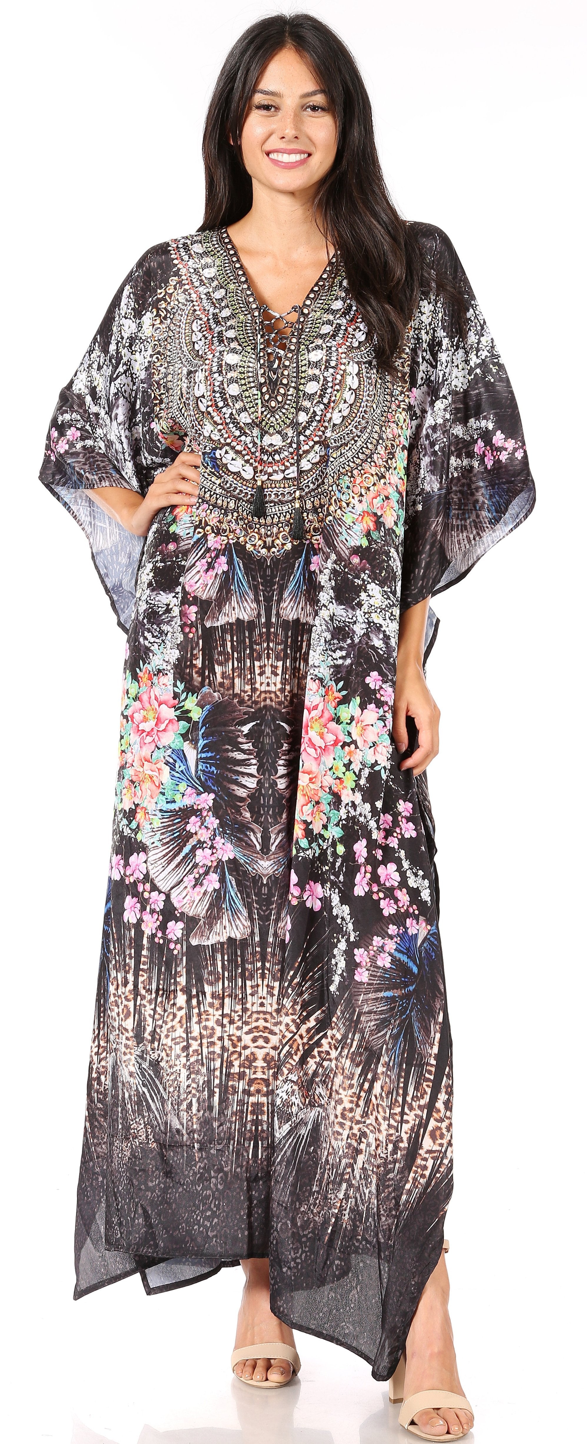 Sakkas Georgettina Flowy Rhinestone V Neck Long Caftan