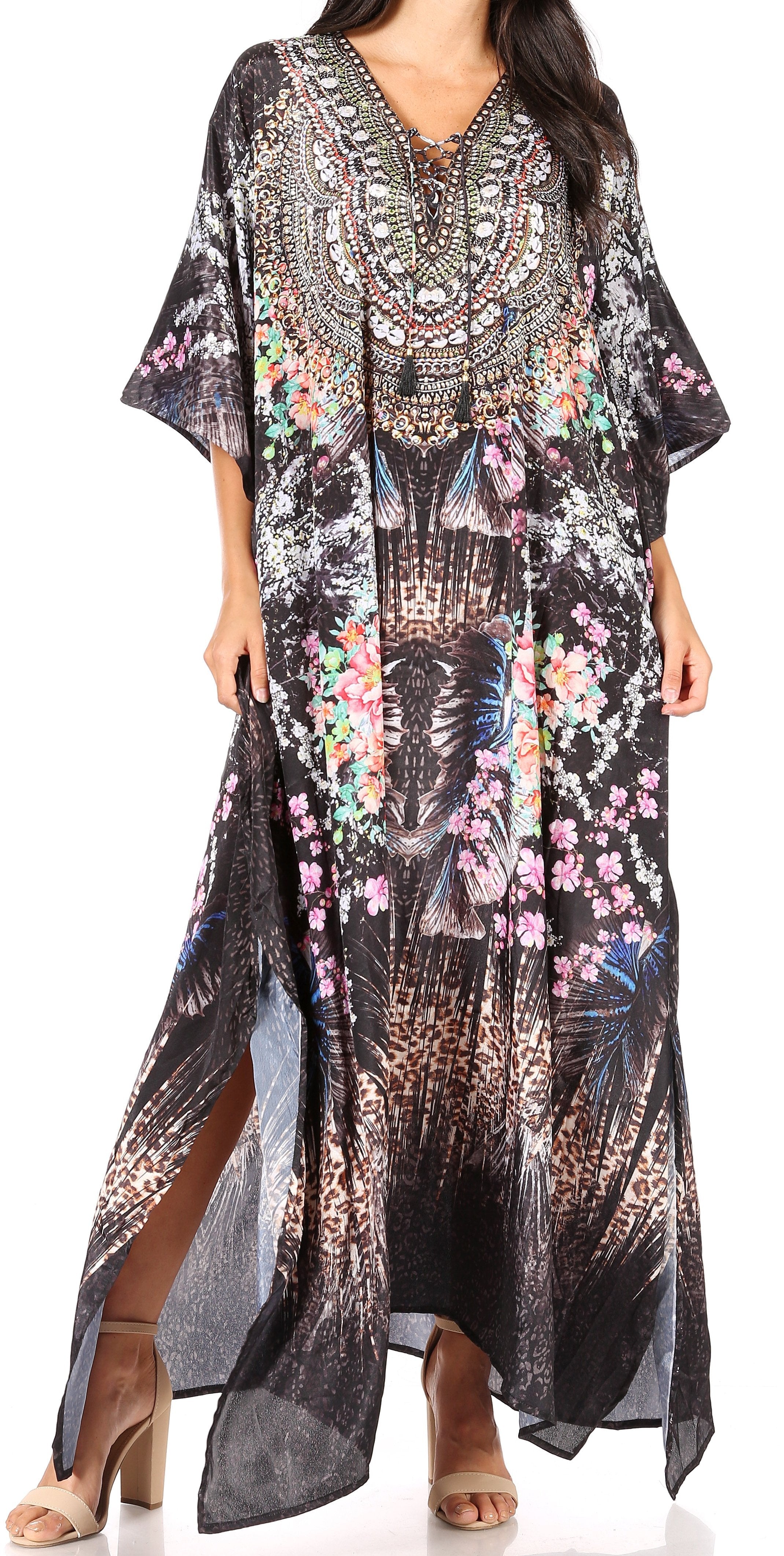 Sakkas Georgettina Flowy Rhinestone V Neck Long Caftan