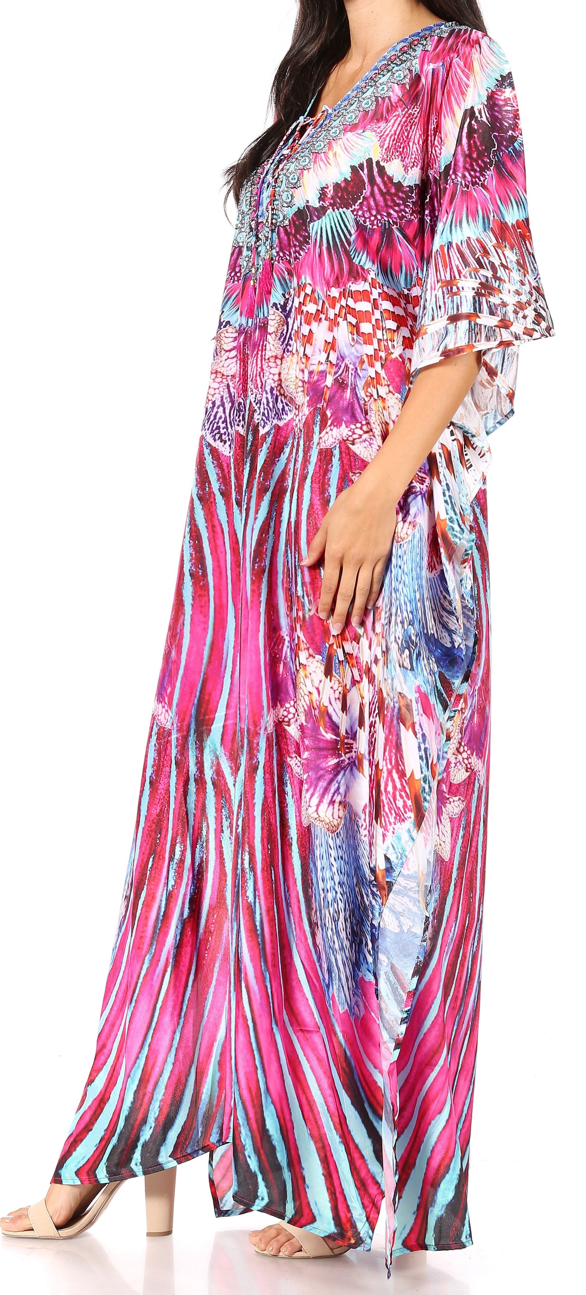 Sakkas Georgettina Flowy Rhinestone V Neck Long Caftan