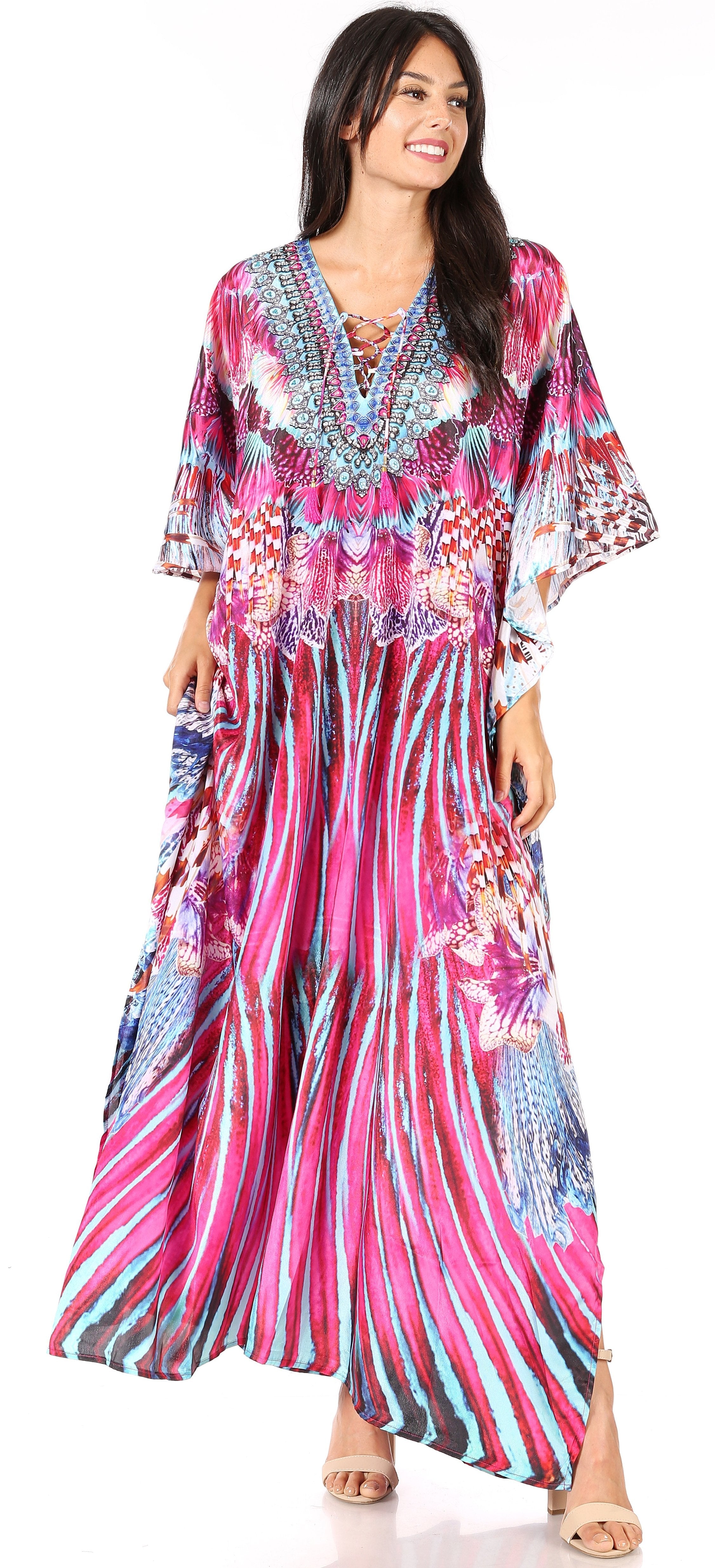 Sakkas Georgettina Flowy Rhinestone V Neck Long Caftan