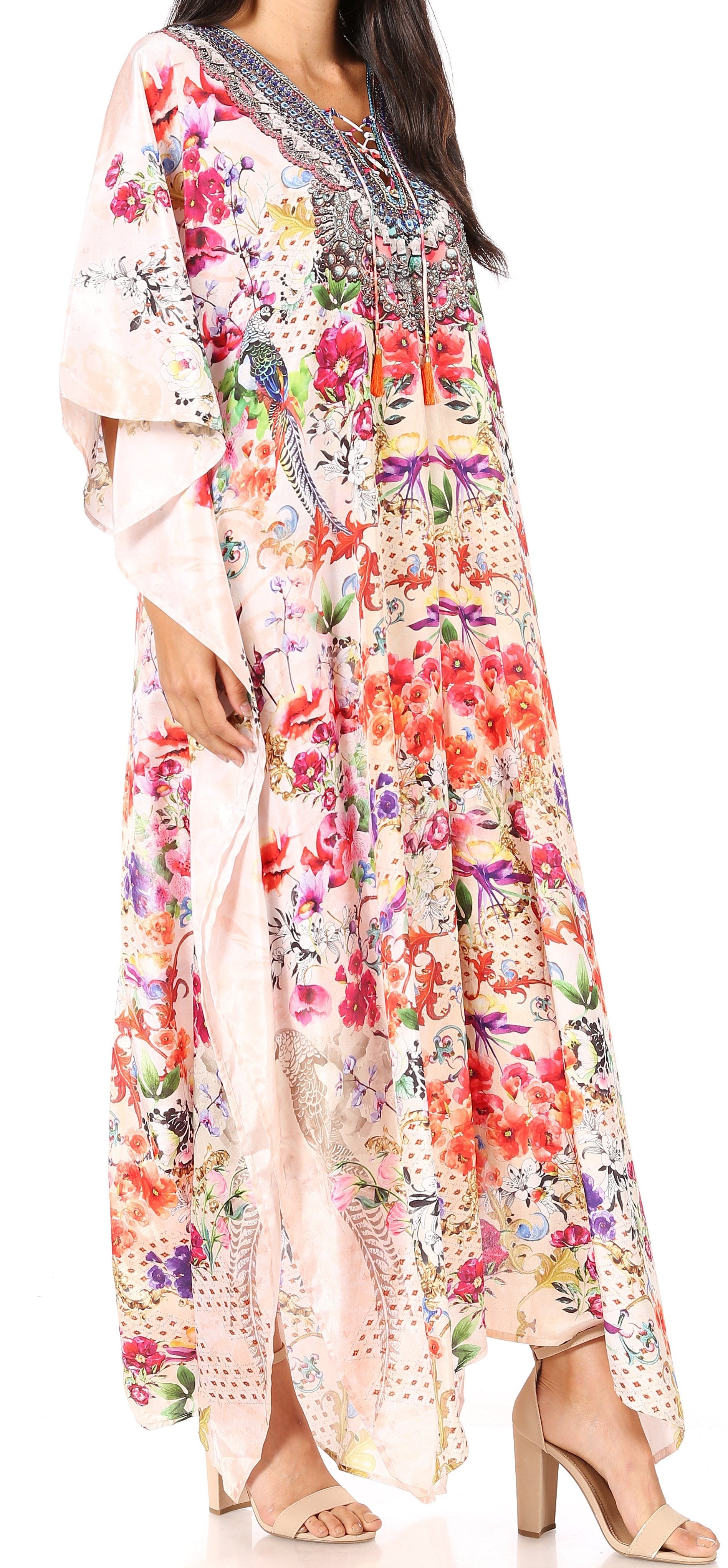 Sakkas Georgettina Flowy Rhinestone V Neck Long Caftan