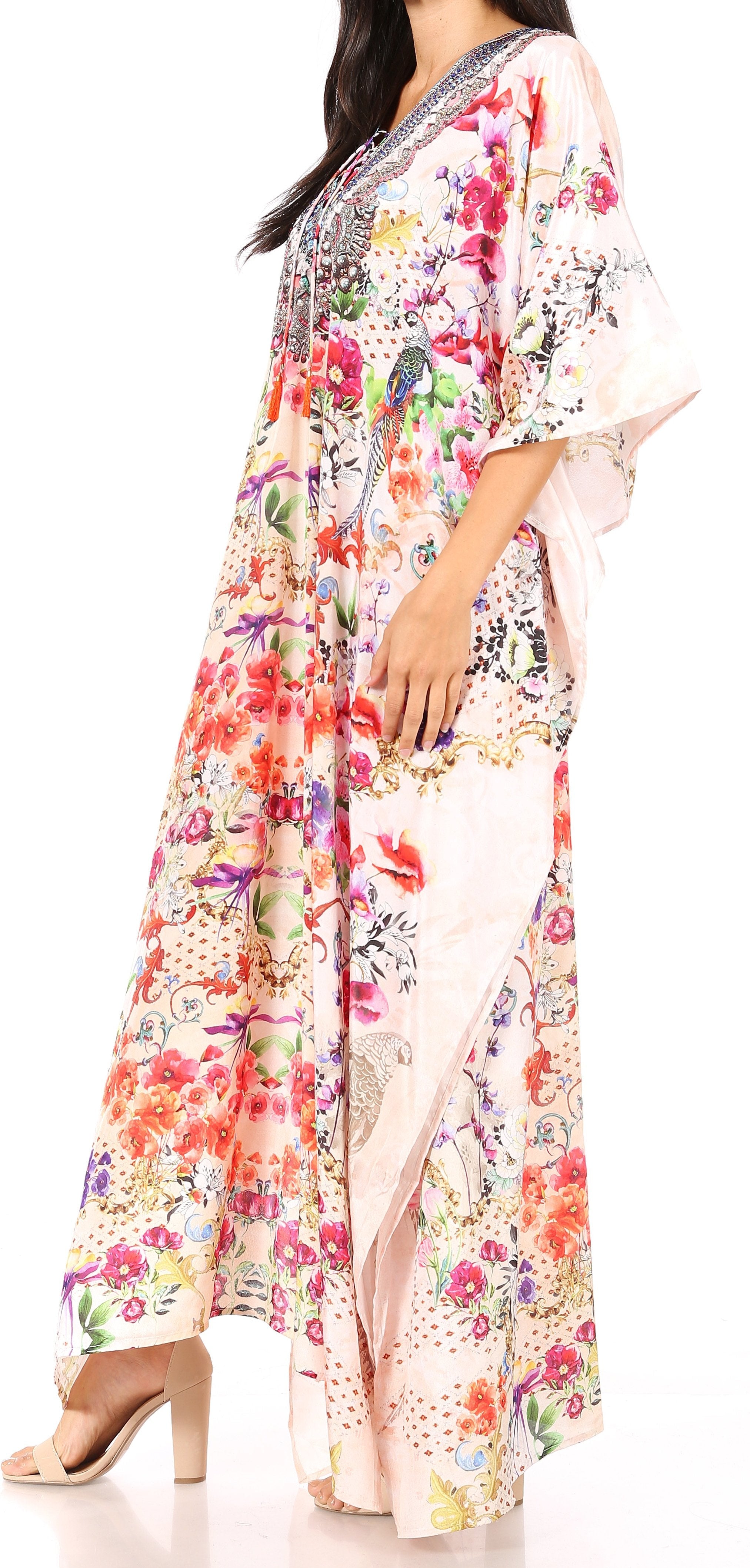 Sakkas Georgettina Flowy Rhinestone V Neck Long Caftan