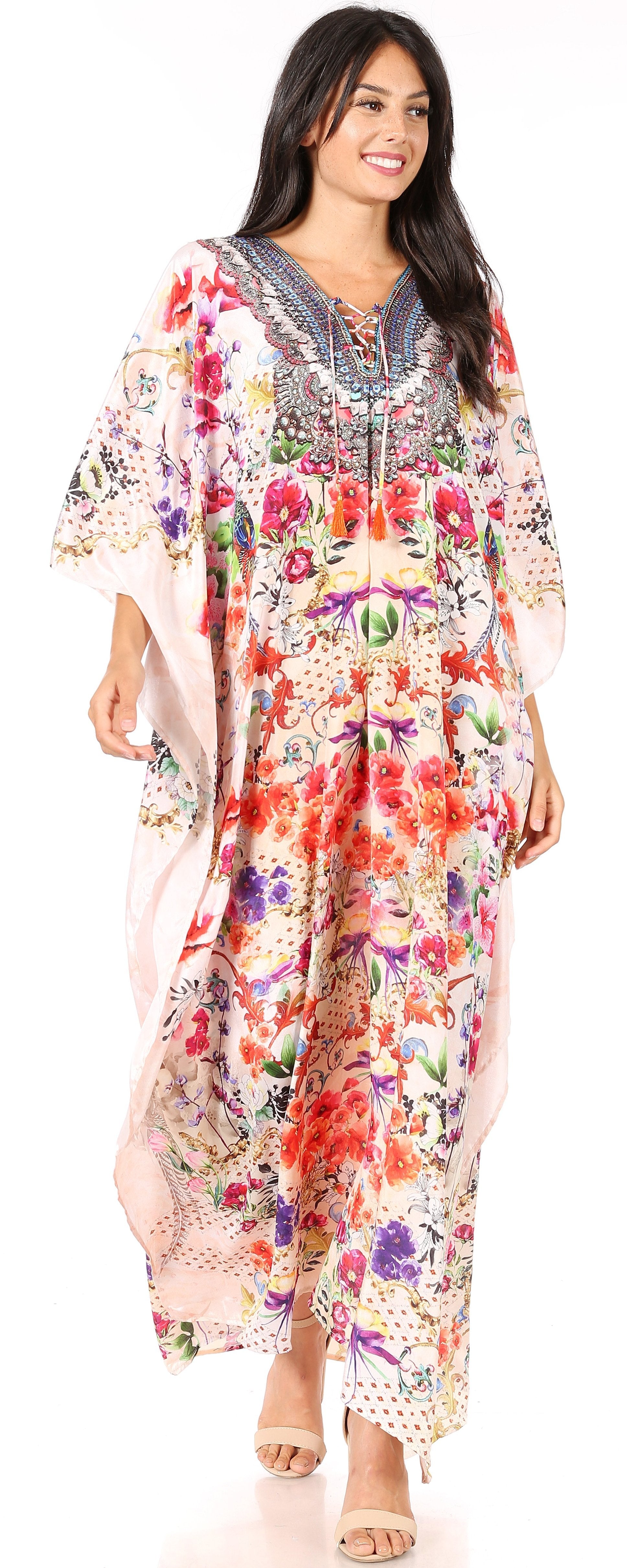 Sakkas Georgettina Flowy Rhinestone V Neck Long Caftan