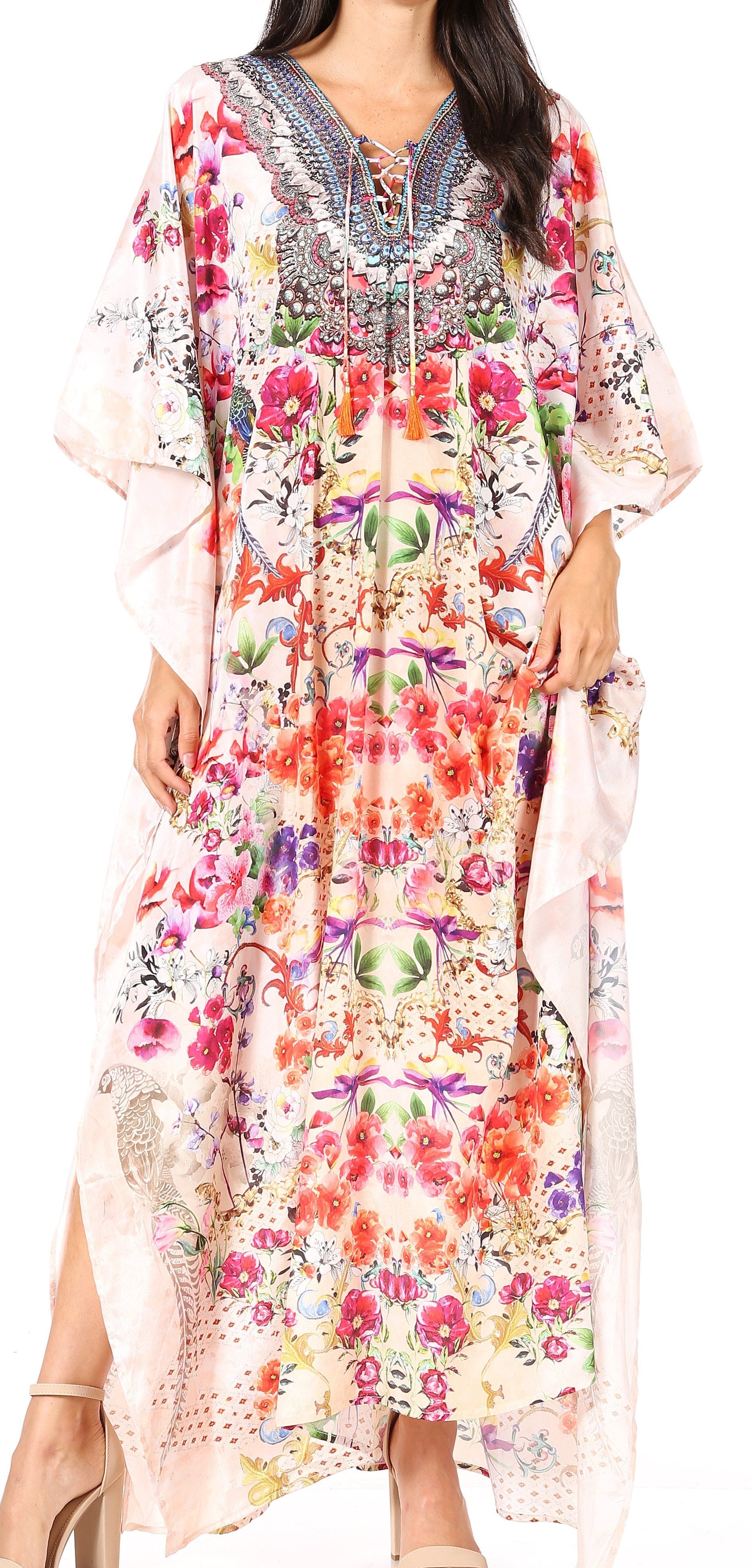 Sakkas Georgettina Flowy Rhinestone V Neck Long Caftan
