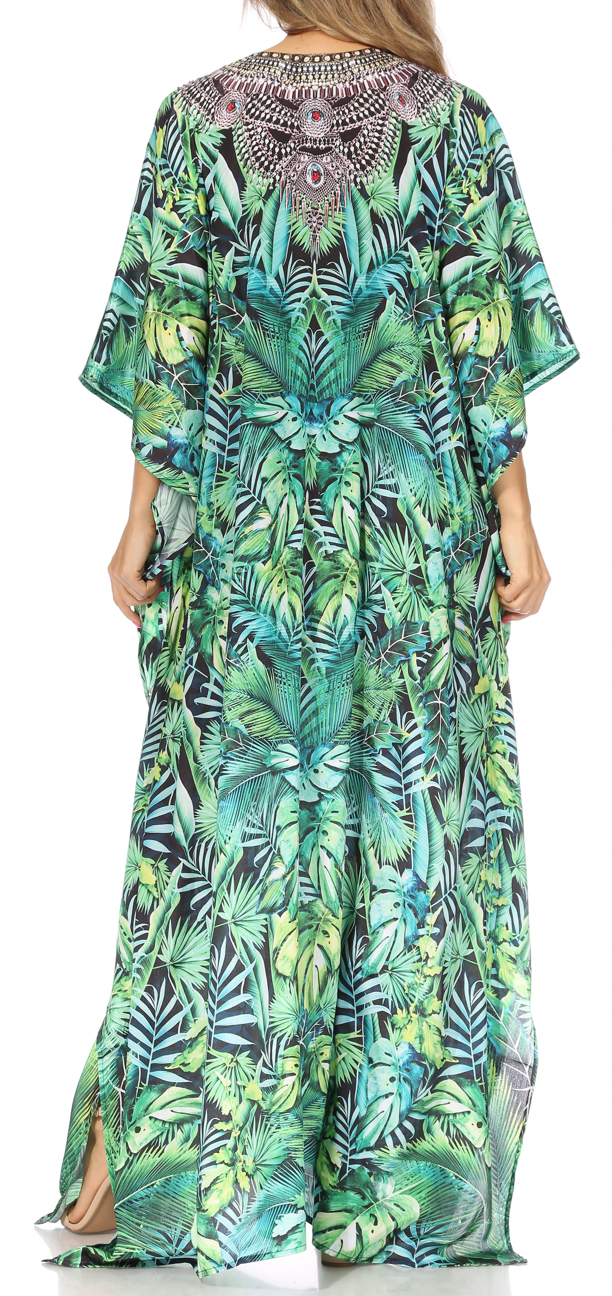Sakkas Georgettina Flowy Rhinestone V Neck Long Caftan